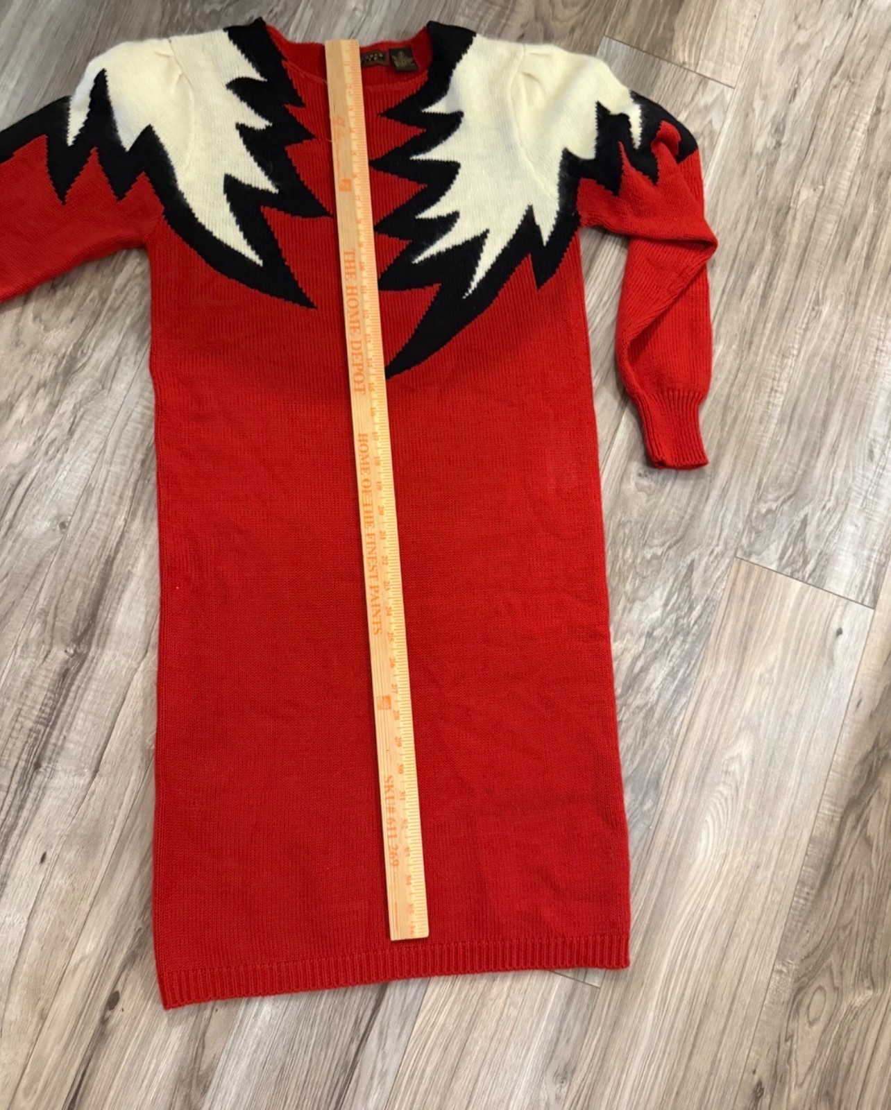 VTG Yarnworks Petite S Red White Lightning Bolt Sweater Dress Lambswool read y2k