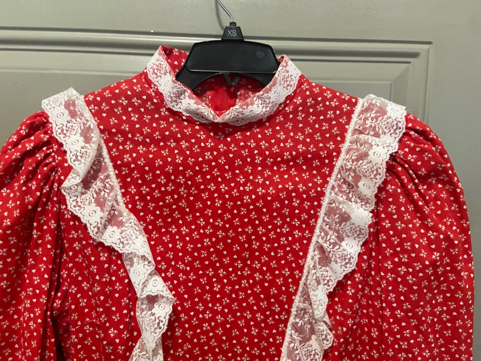 Handmade Red Bow Prairie Amish Dress Lace Costume Cottage Core SZ L..12/14 READ