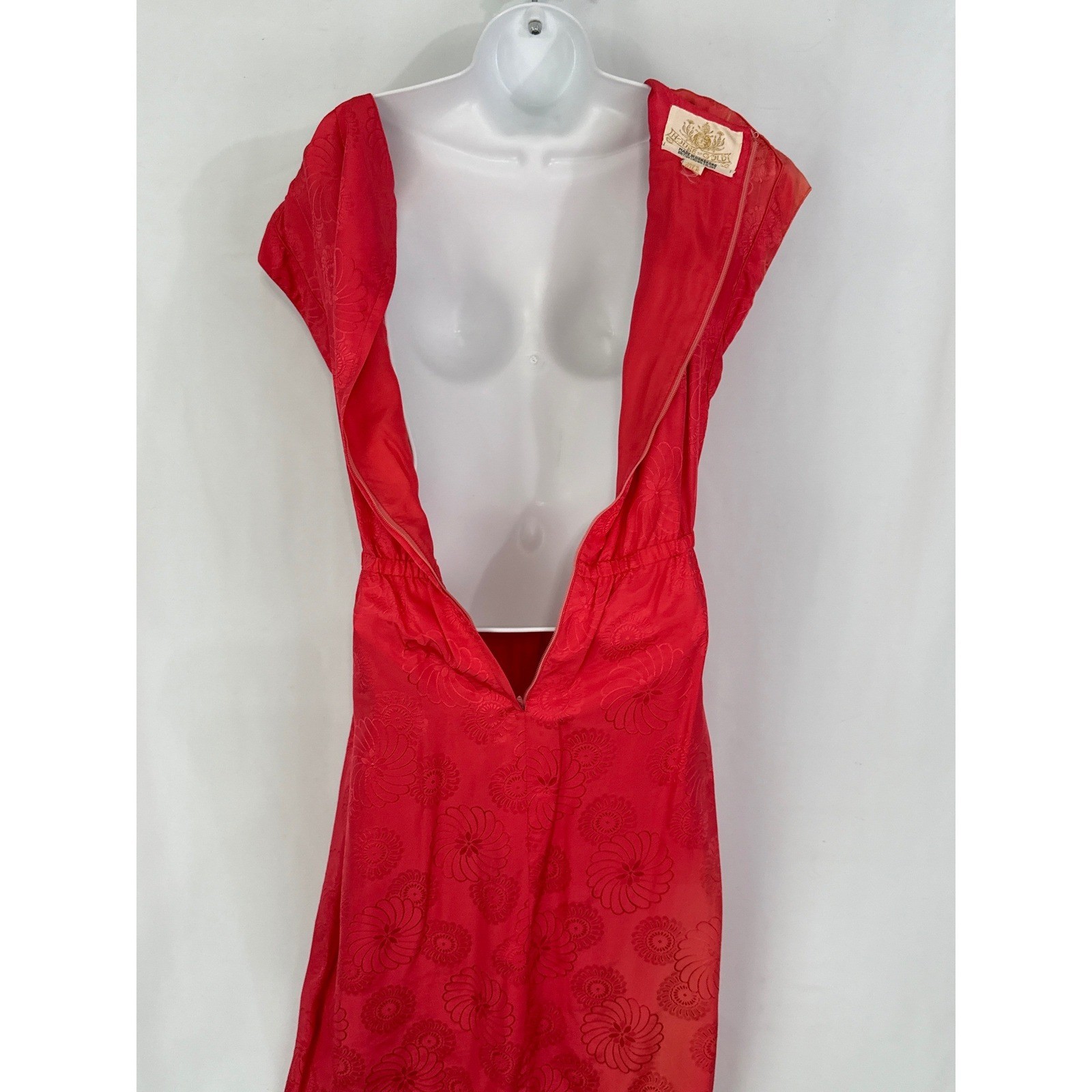 Vintage House of Gold Red Silk Jacquard Asian Dress 60s 50s PROJECT needs TLC, M
