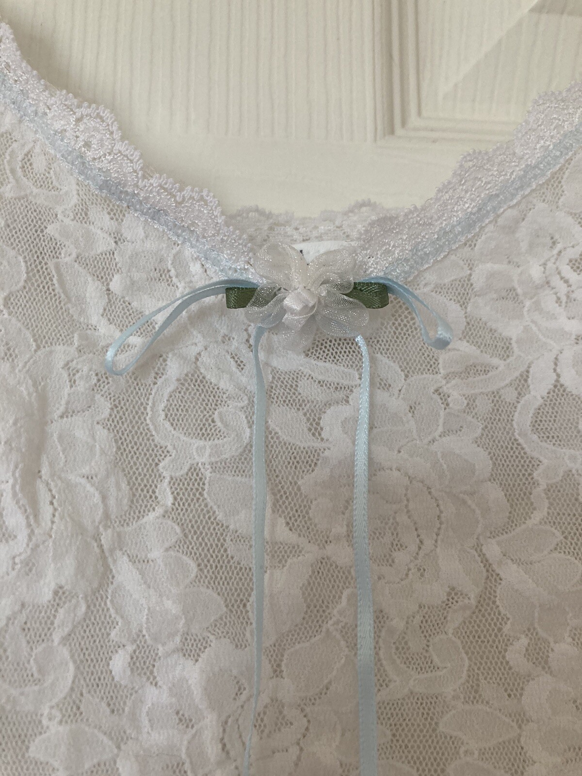 Vintage Hanky Panky Nightgown S White Blue Ribbon Accent Bridal Coquette Y2K 90s