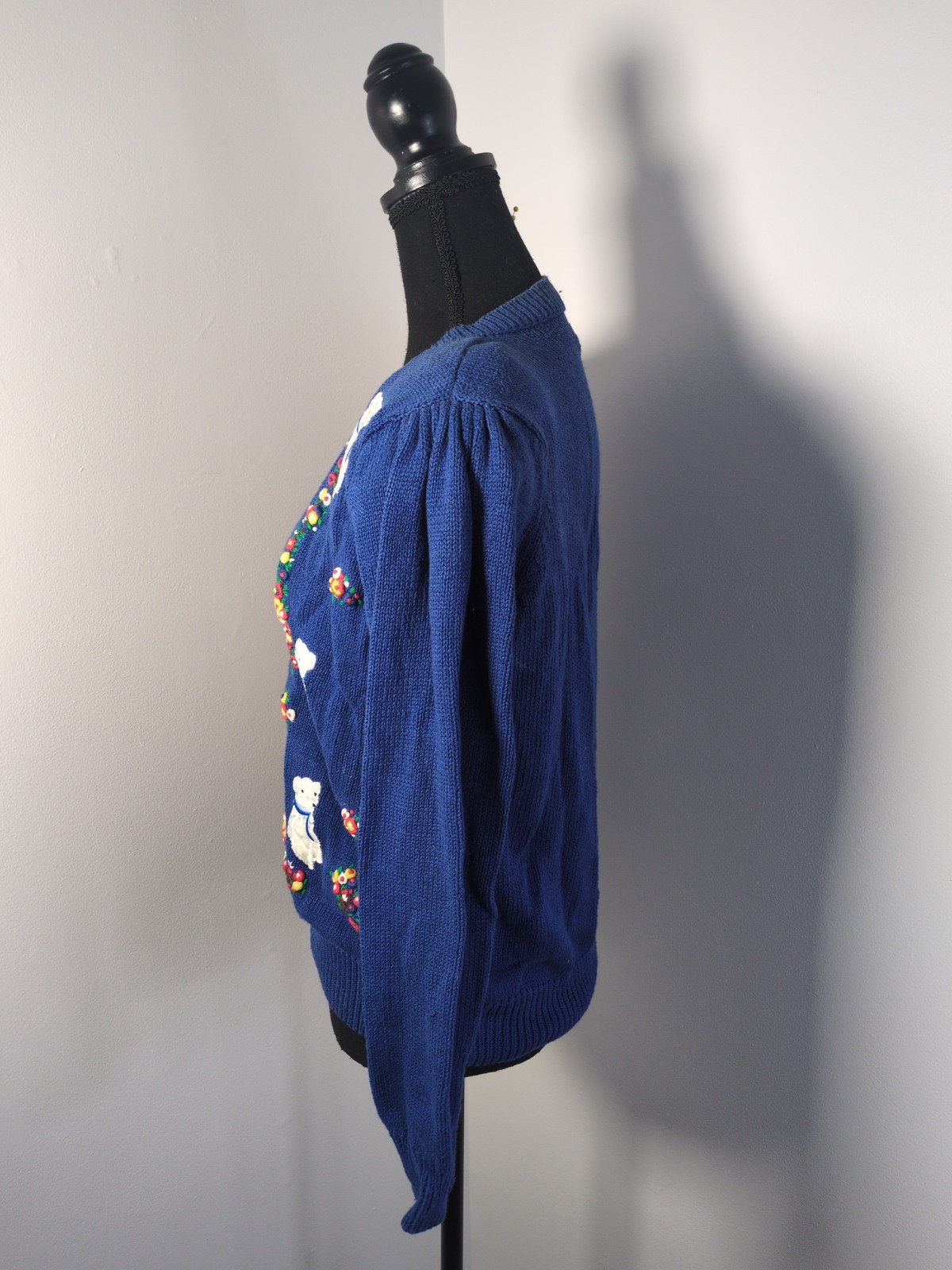 Vintage Margules Knit Cardigan Blue With Floral Embroidery, White Bears Women M