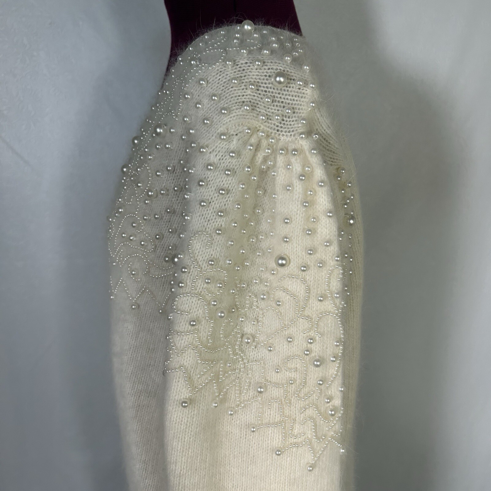 Vintage 80s Side Effects Beaded Ivory Wool Angora Rabbit Hair Sweater Sz M