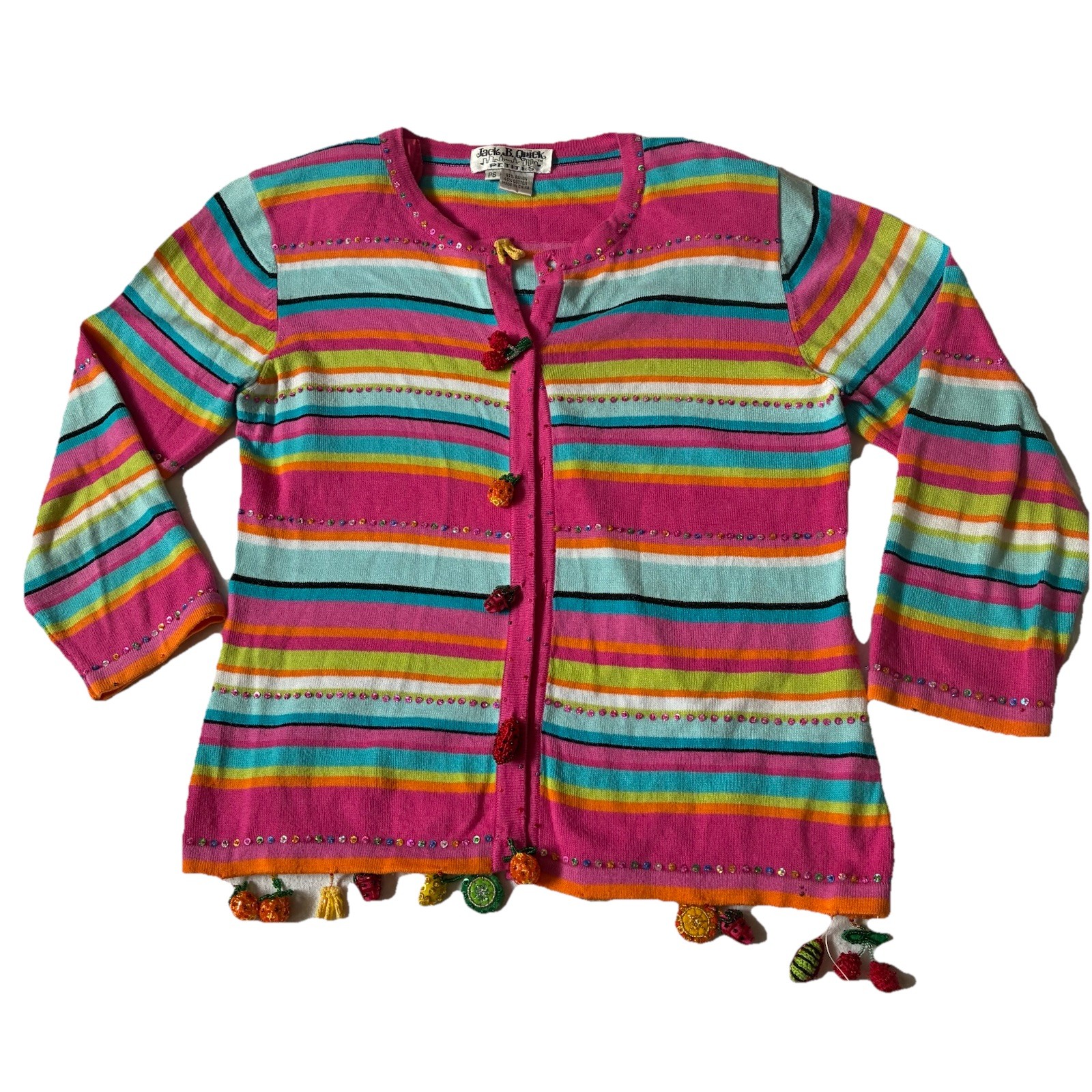 JACK B QUICK Summer Fruit Stripes Embellishment Beaded Sequin Cardigan Whimsical