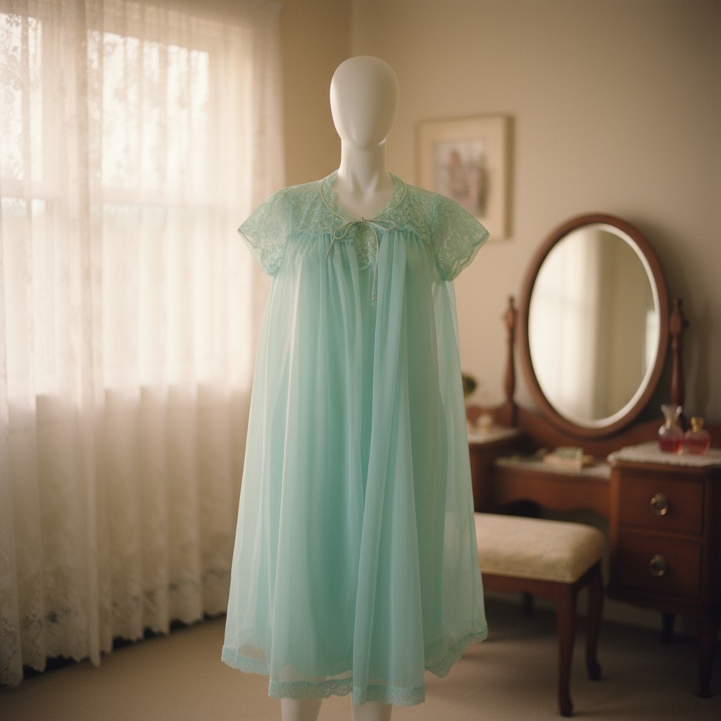 Vintage 1960s Van Raalte Aqua Chiffon Peignoir Set Lace Robe Nightgown Small