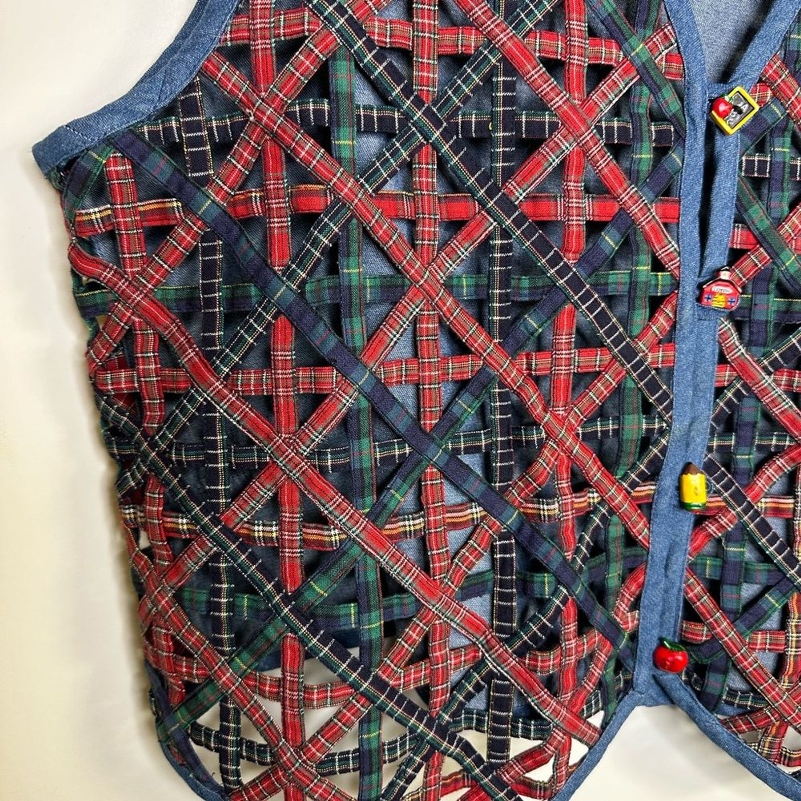 VTG Oak Hill Back To School Caged Plaid Denim Cute Buttons Teacher Vest Size XL