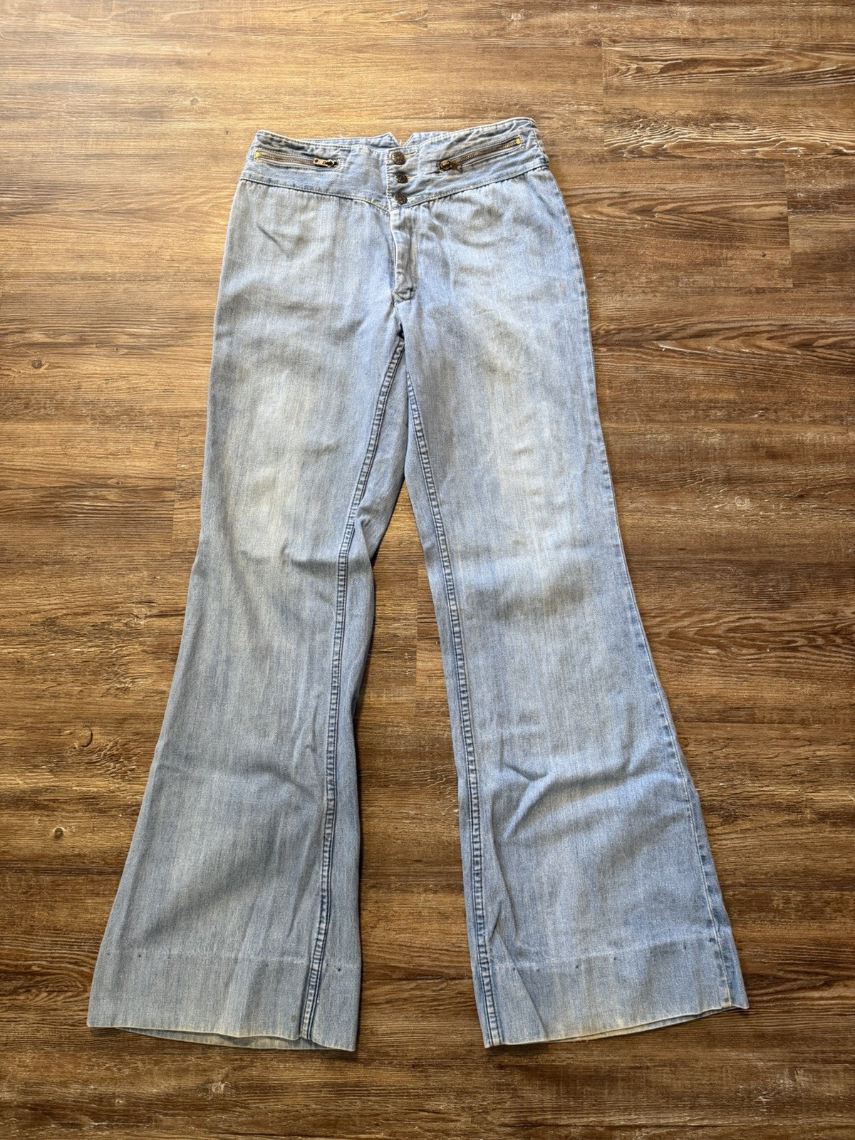 Vintage Faded Glory 70s Bell Bottoms Size 30×32 Jeans Blue Tan Hippie Flare