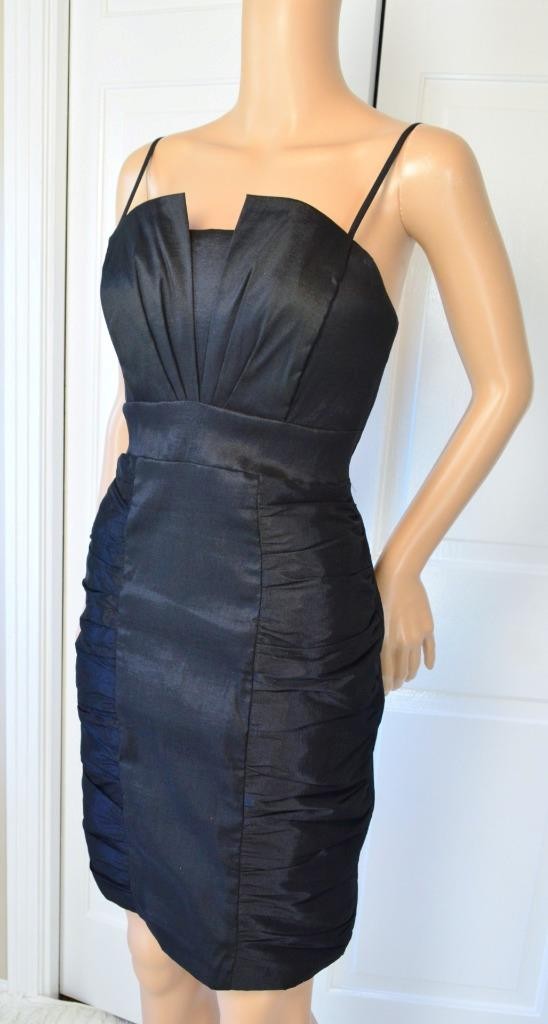 VTG 80s Eureka Black Mini Empire Ruched Shelf Bust Bandage Party Cocktail Dress