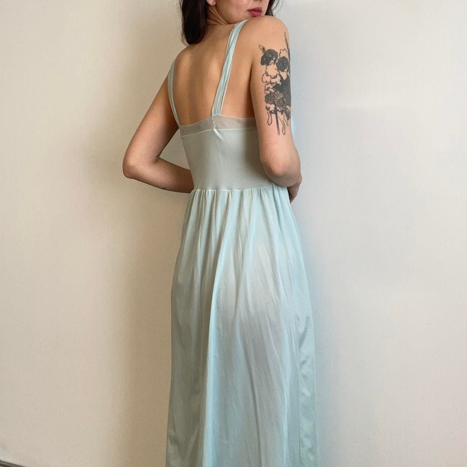 1960s nylon baby blue maxi lingerie slip dress ( 17in ptp, 28in waist)