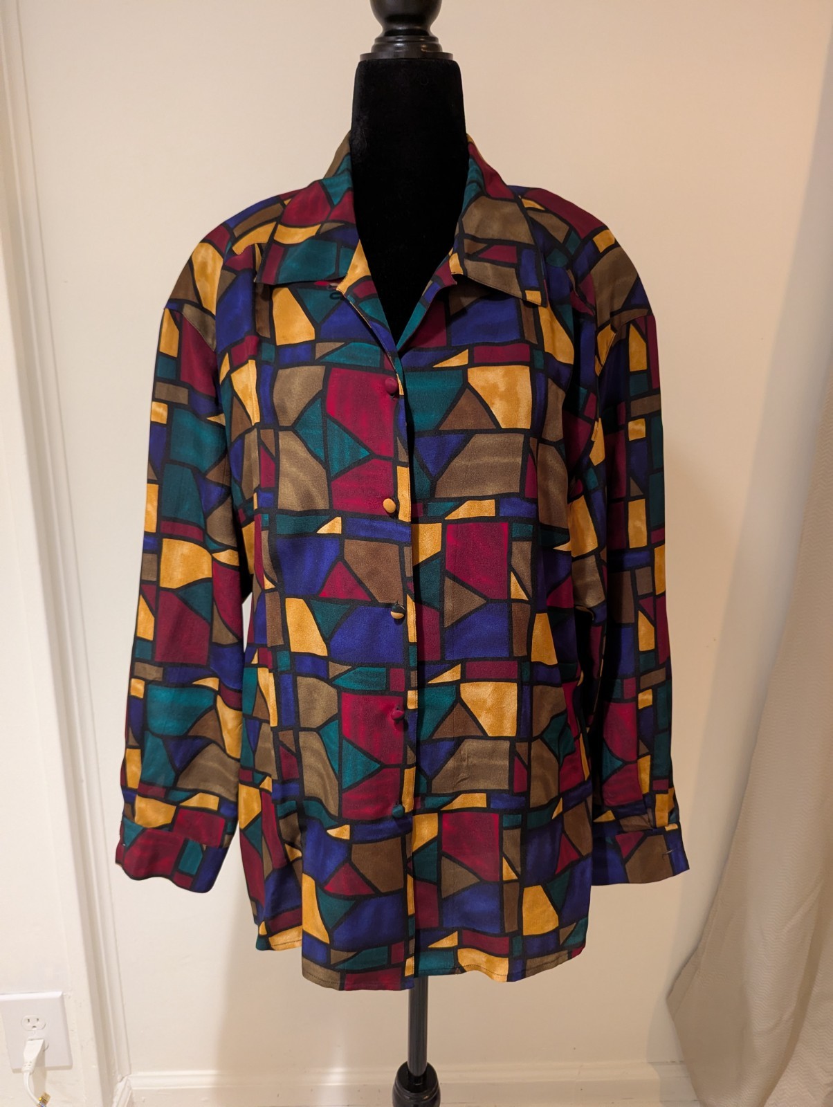 Vintage 1990s Allison Taylor Silk Button Up Shirt Blouse Stained Glass Large