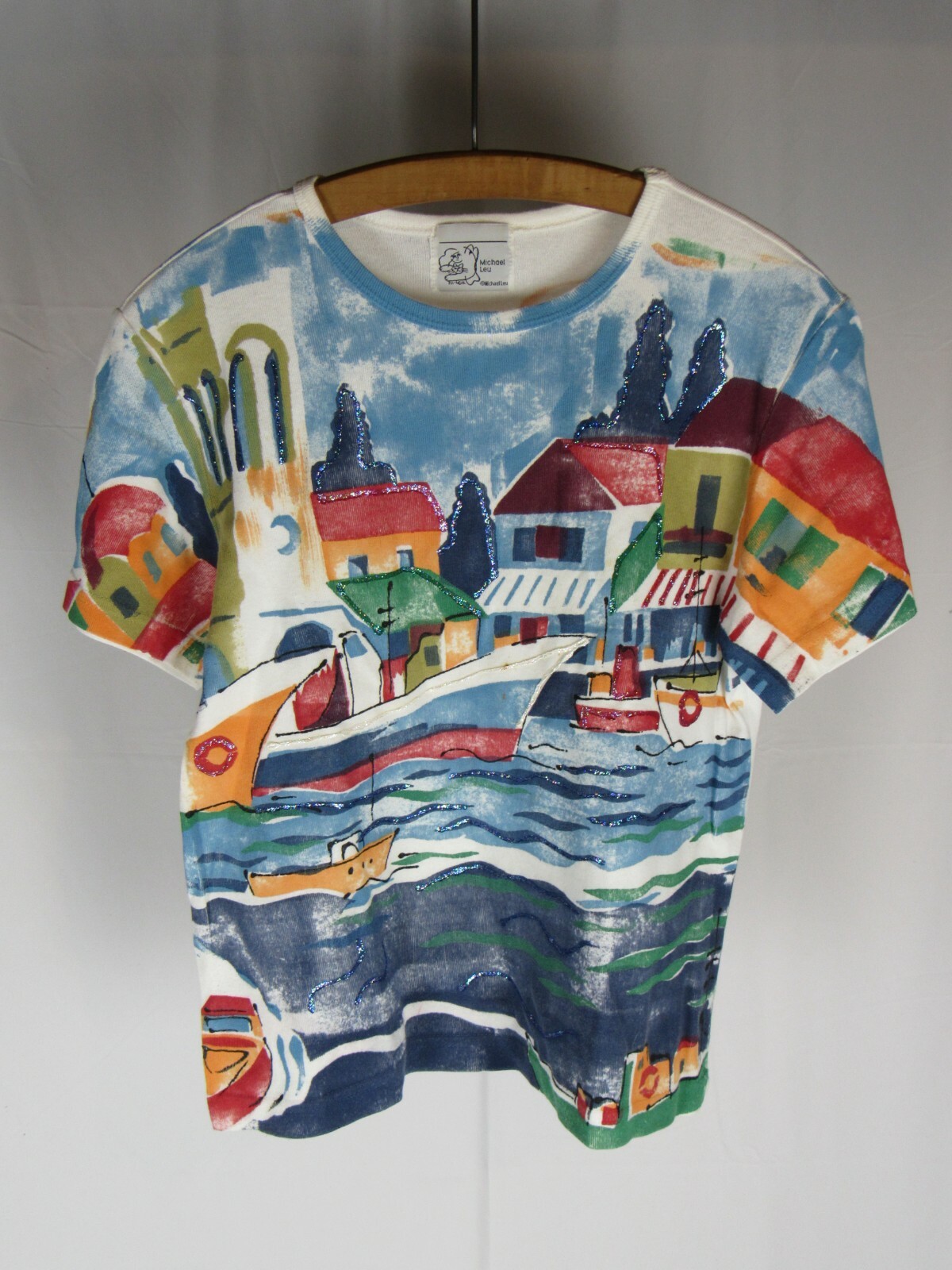 Vtg 1990’s Michael Leu All Over Print Art T-shirt 90s USA Made Europe Scene