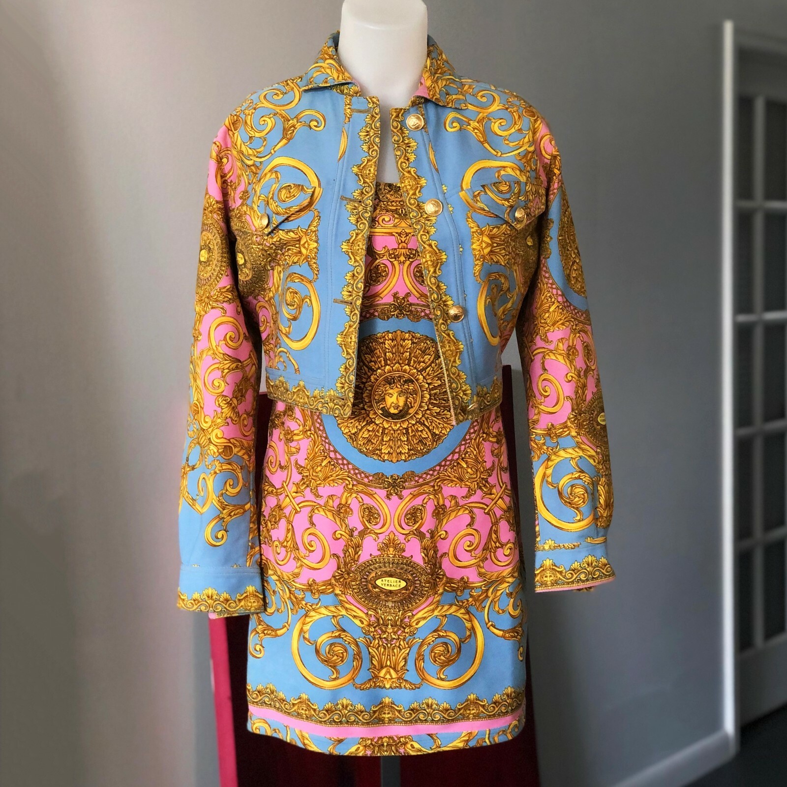 GIANNI VERSACE denim jacket & mini dress Golden Vanitas print 42 from S/S 1992