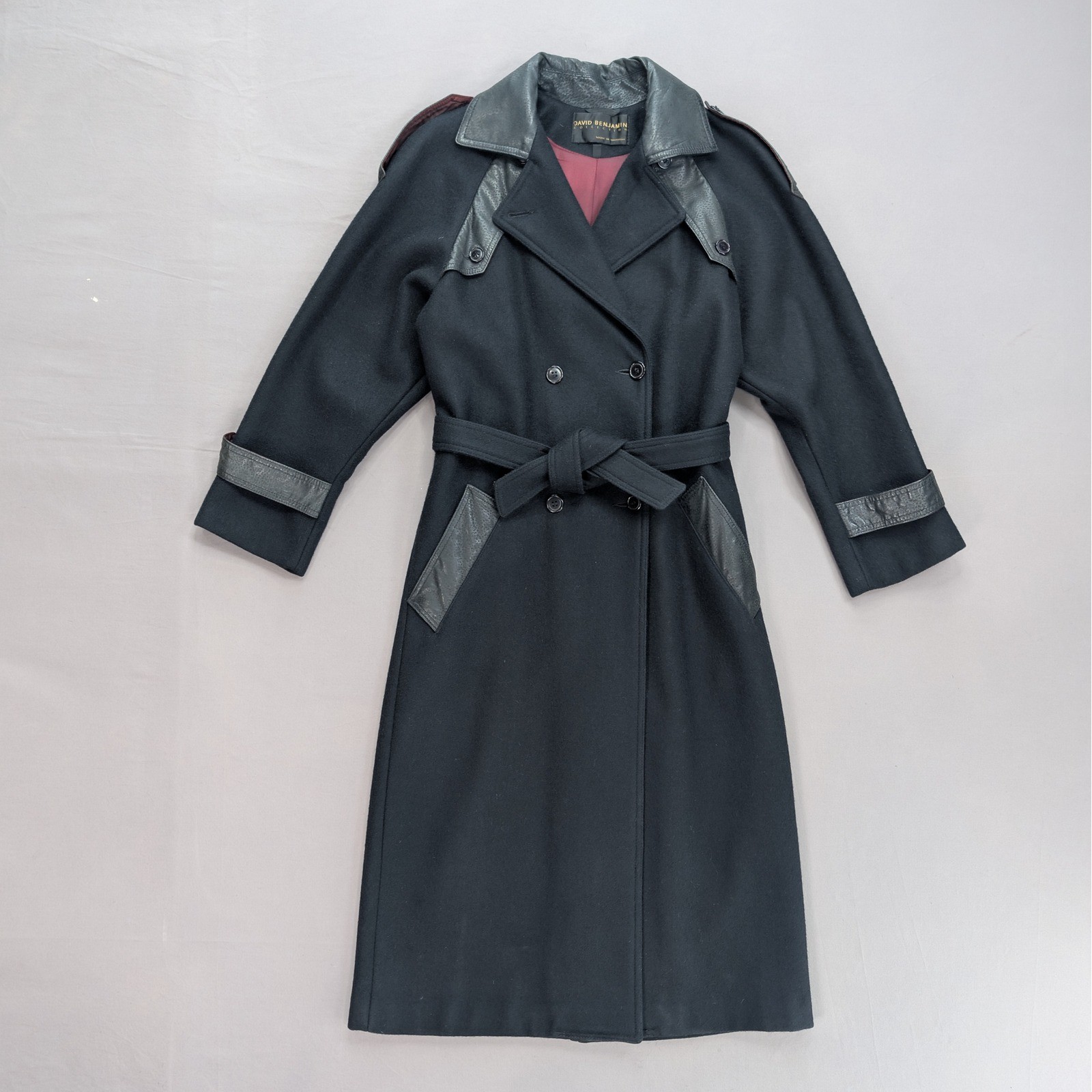 Vintage 80s Wool Trench Coat Leather Trim Long Belted Black David Benjamin Sz 8
