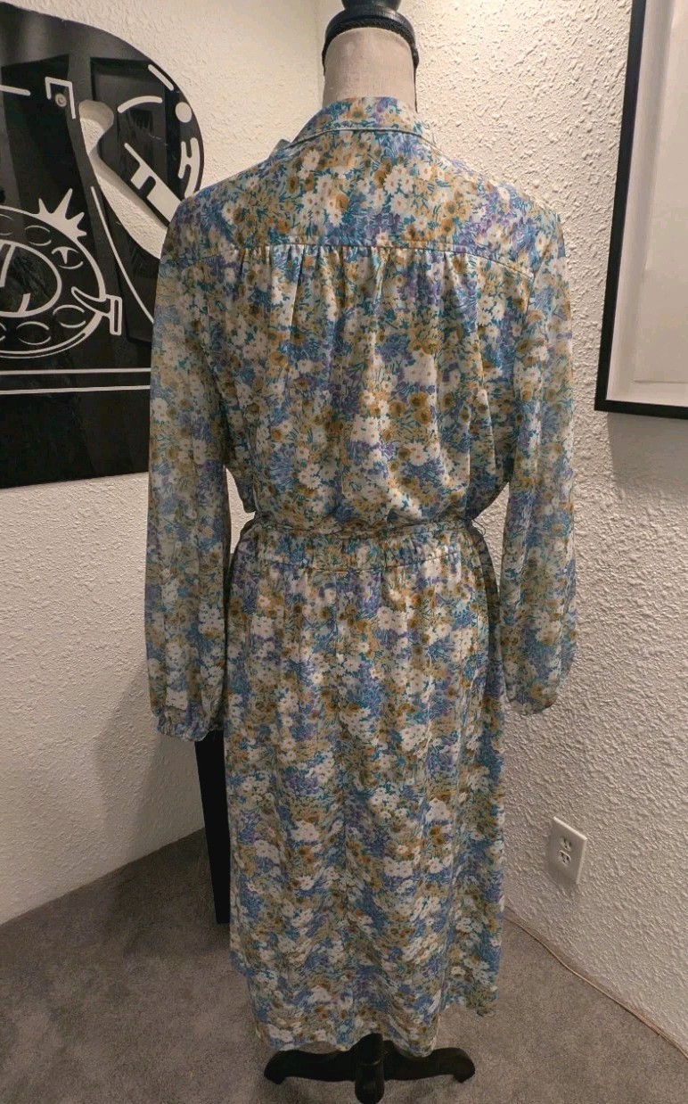 Vintage 70s Polyester Floral Midi PEASANT Dress Bohemian Prairie L/XL