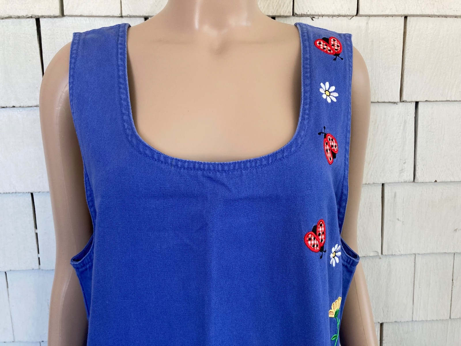 Vintage Boho Mandal Bay Maxi Dress with Embroidered Flowers Ladybugs Size Large