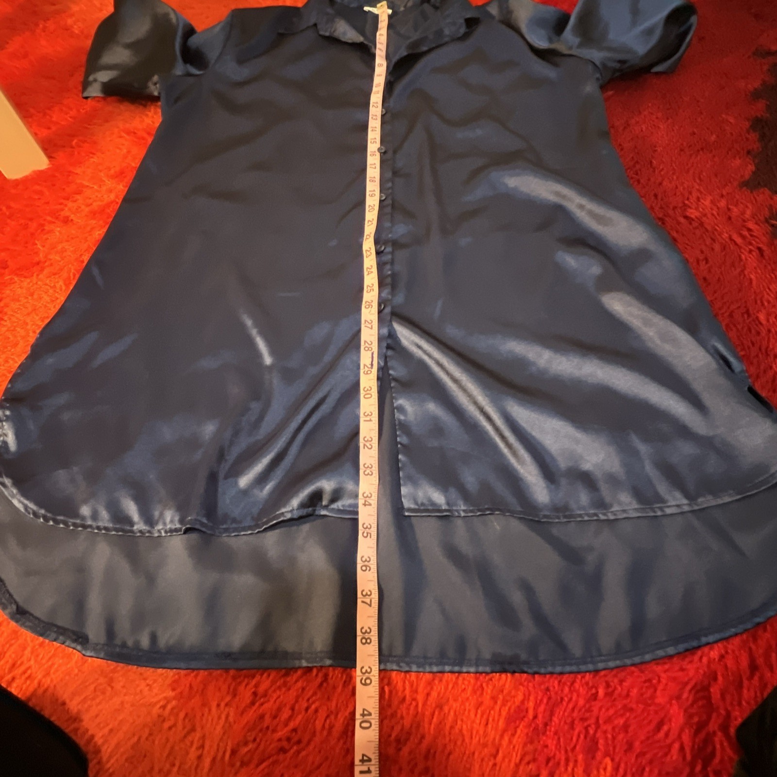 Vtg Ekouaer Glossy Shiny Satin Sleep Shirt Dress XXL Sapphire Blue Button Down