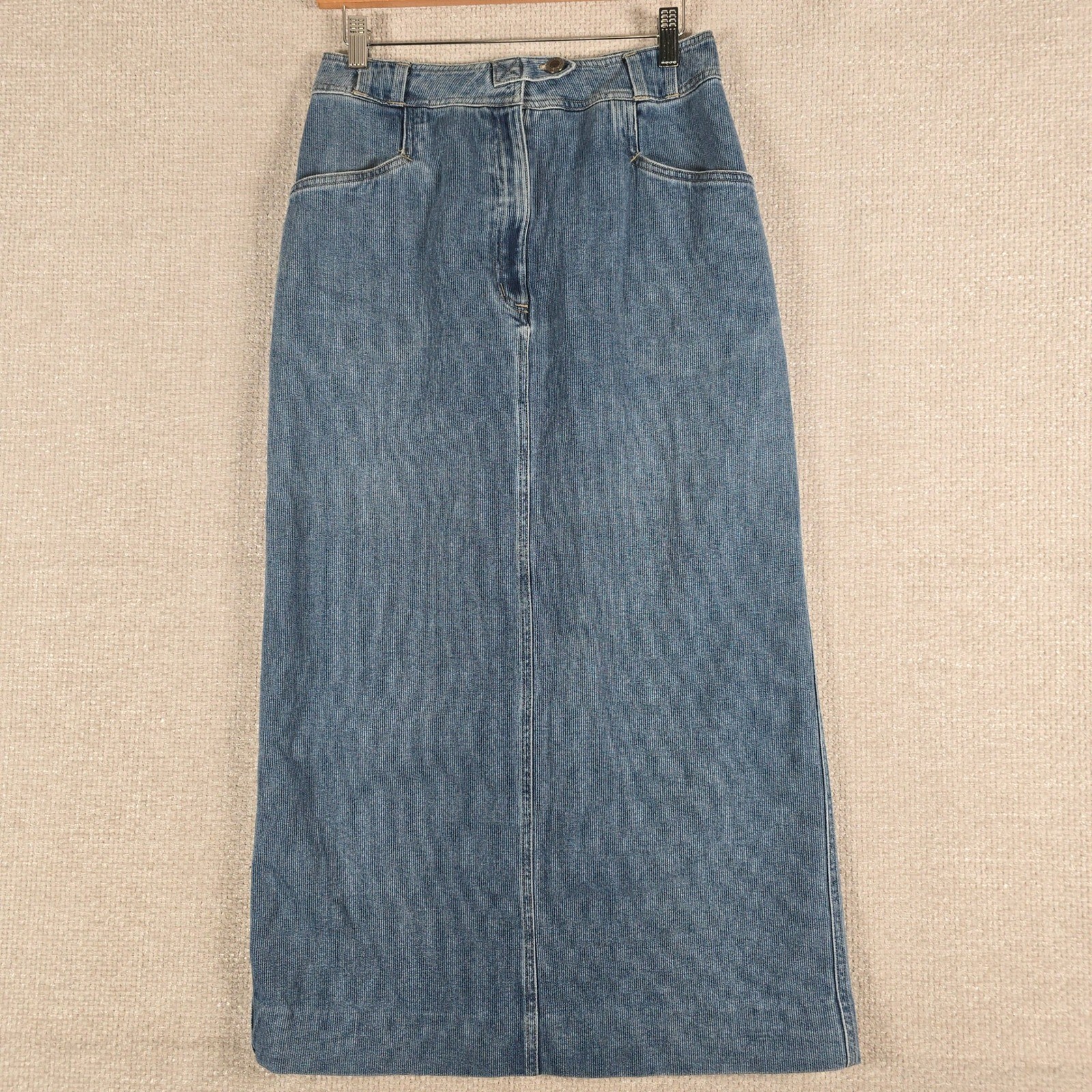 Vintage St Johns Bay Denim Maxi Skirt Blue Textured Cotton Size 8 28W 35L