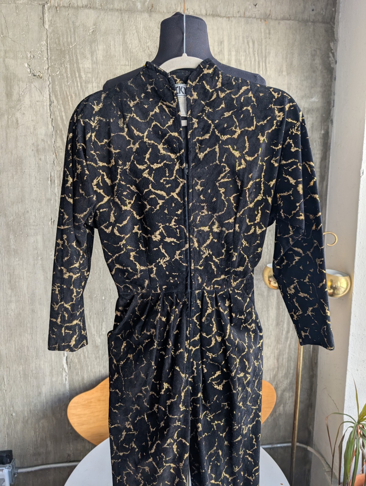 Vintage Vicky Tiel Black and Metallic Gold Suede Long Sleeve Jumpsuit France-XS