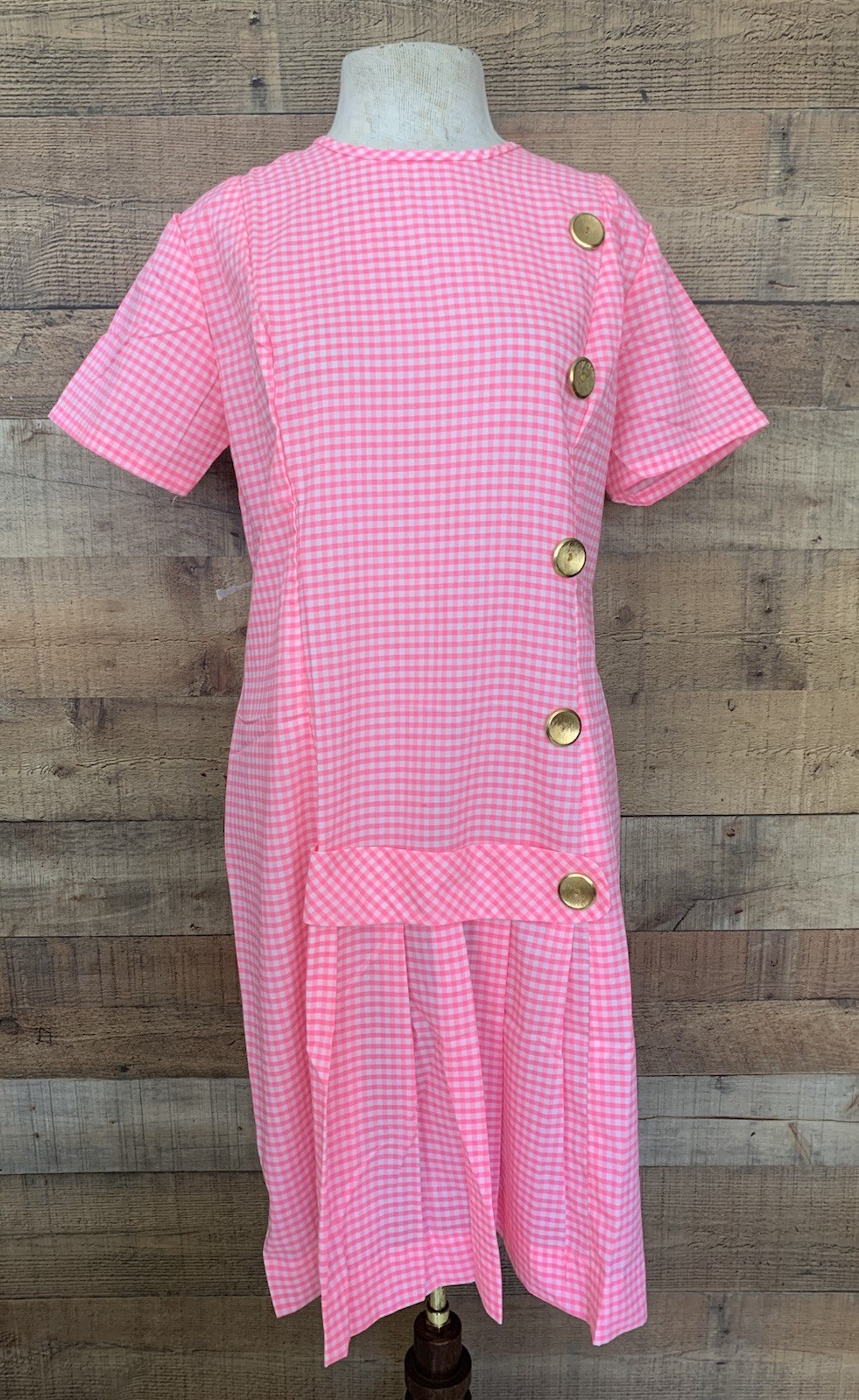Vintage 1960s Mod Pink Gingham Drop Waist Day Dress 42”Bust /36”waist