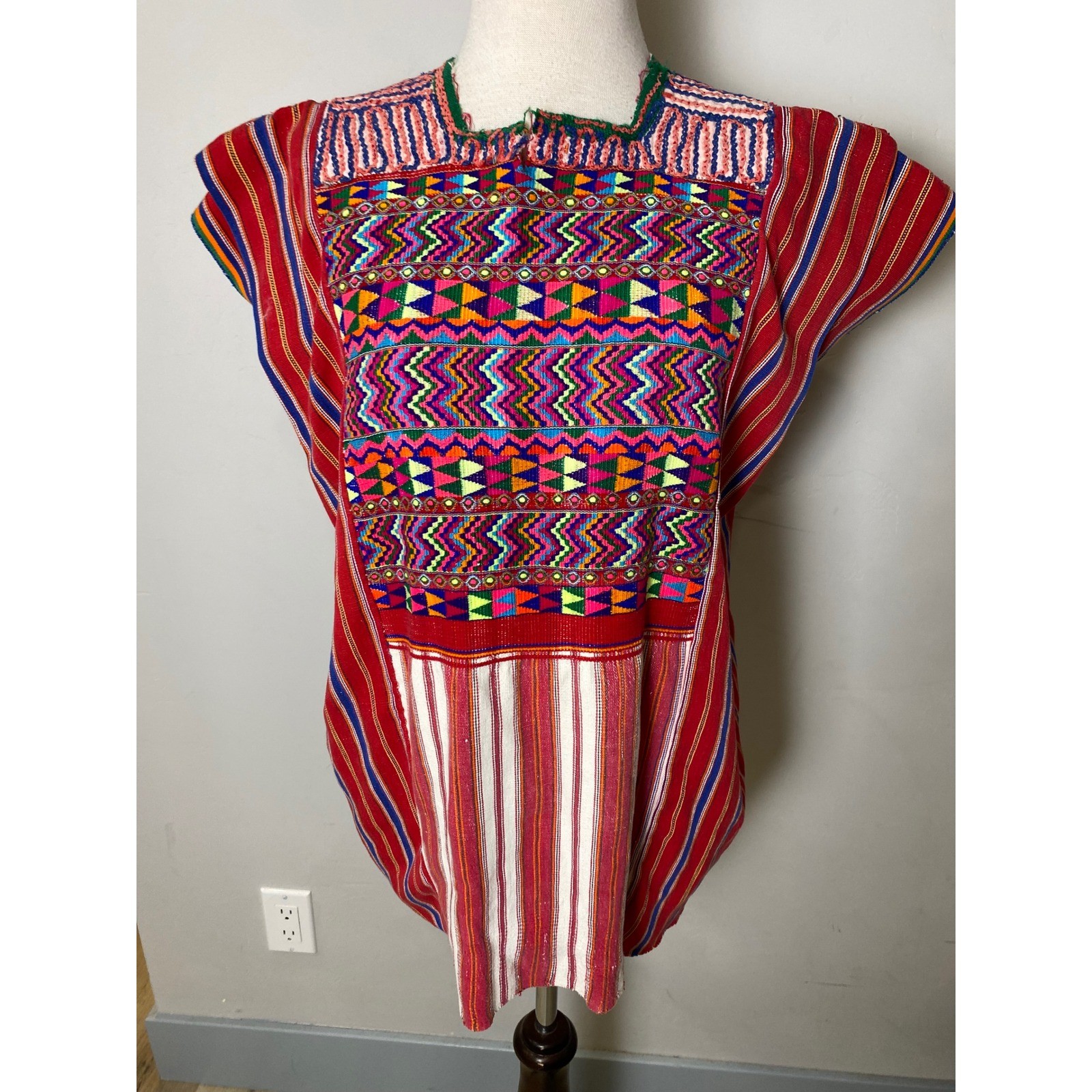 Vintage Guatemalan Huipil Hand Embroidered Mayan Tunic Boho Hippie Red Multi