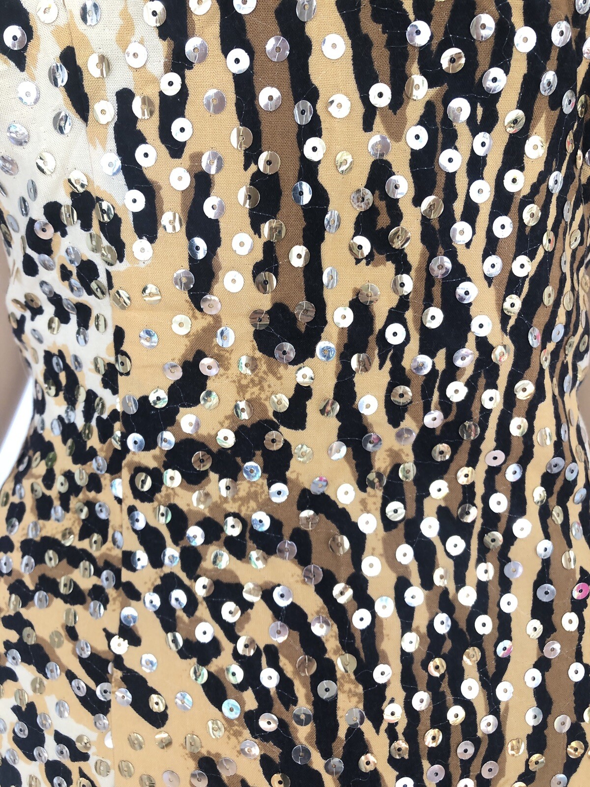 Leopard Sequined Dress Mollie Parnis DESIGNER Midi Long Leg Slit Shift Vintage