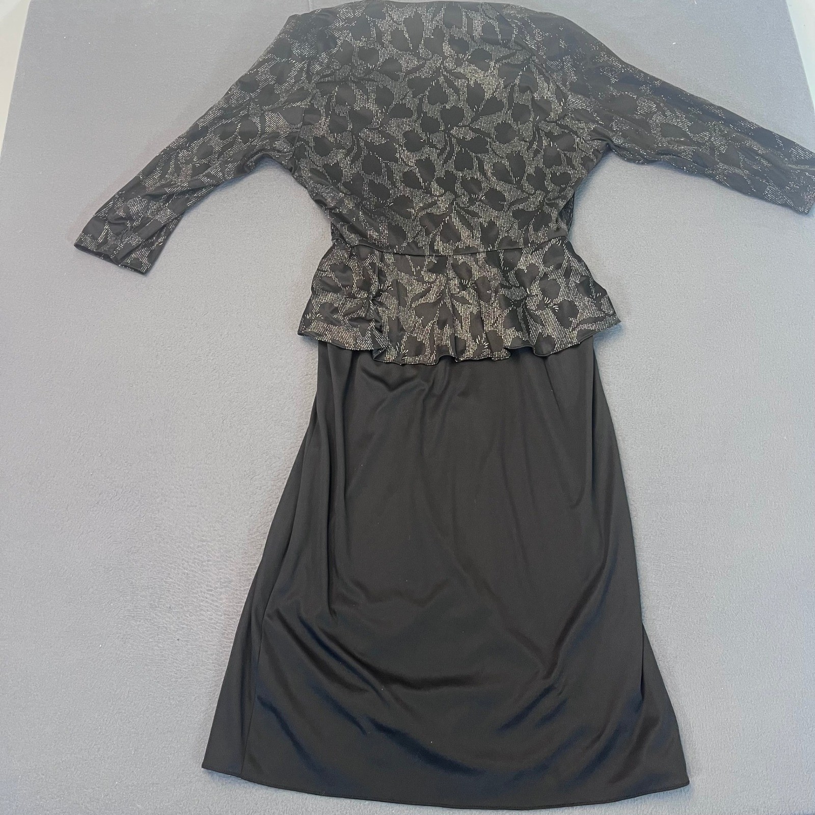 Vintage Jenny Black Silver Metallic Peplum Maxi Dress Size 12 Made in USA Floral