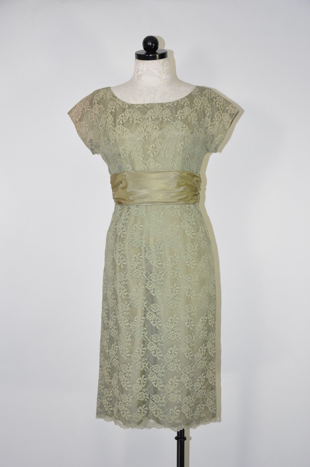 60s Vintage Sage Green Floral Lace Midi Sheath Wiggle Cocktail Dress Women XS S