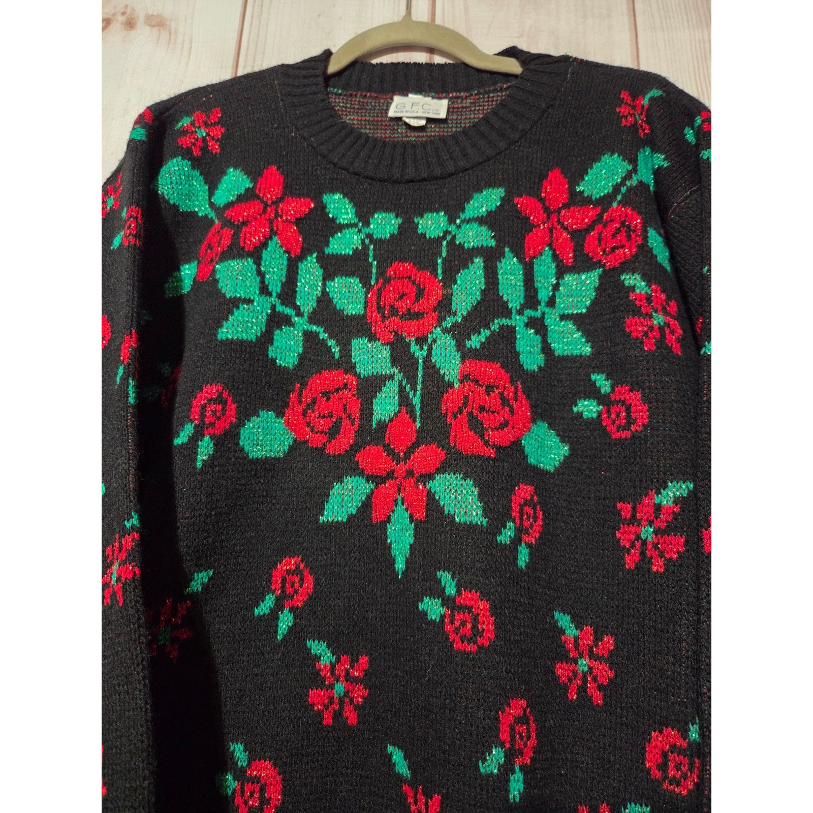 GFC Vintage Rose Floral Metallic Knit Sweater Black Red Green USA Whimsigoth M