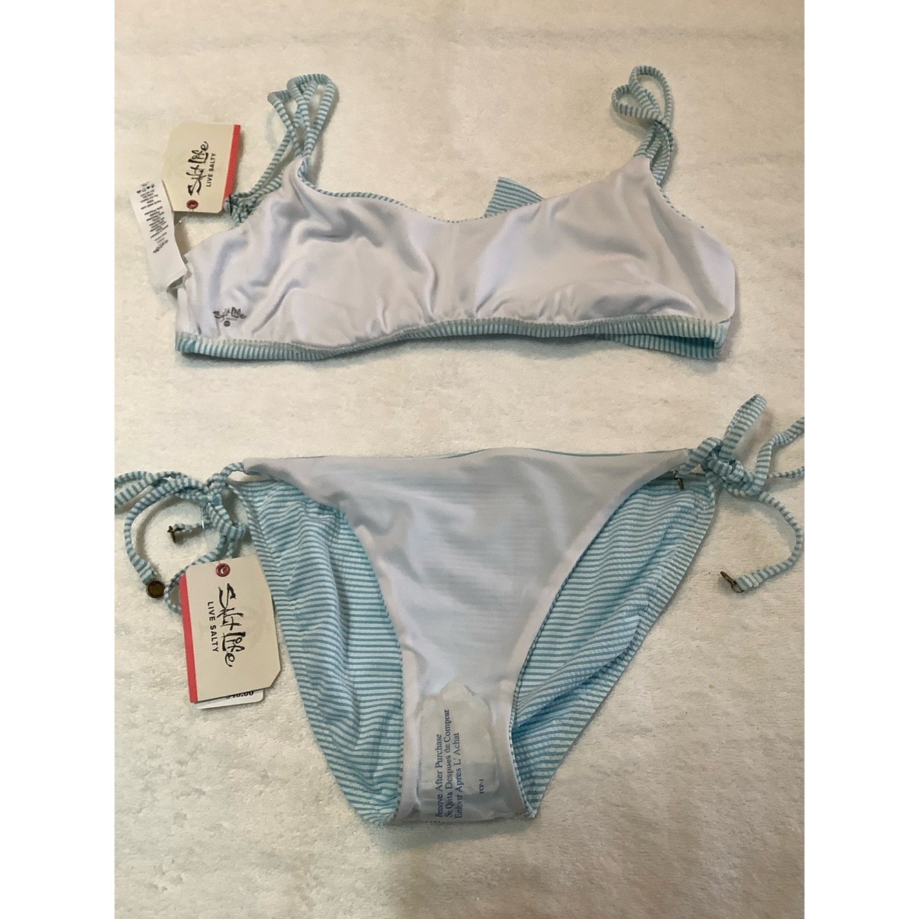 NWT sz MED Salt Life Blue Seersucker Stripe Bralette and Side Tie Bikini Set
