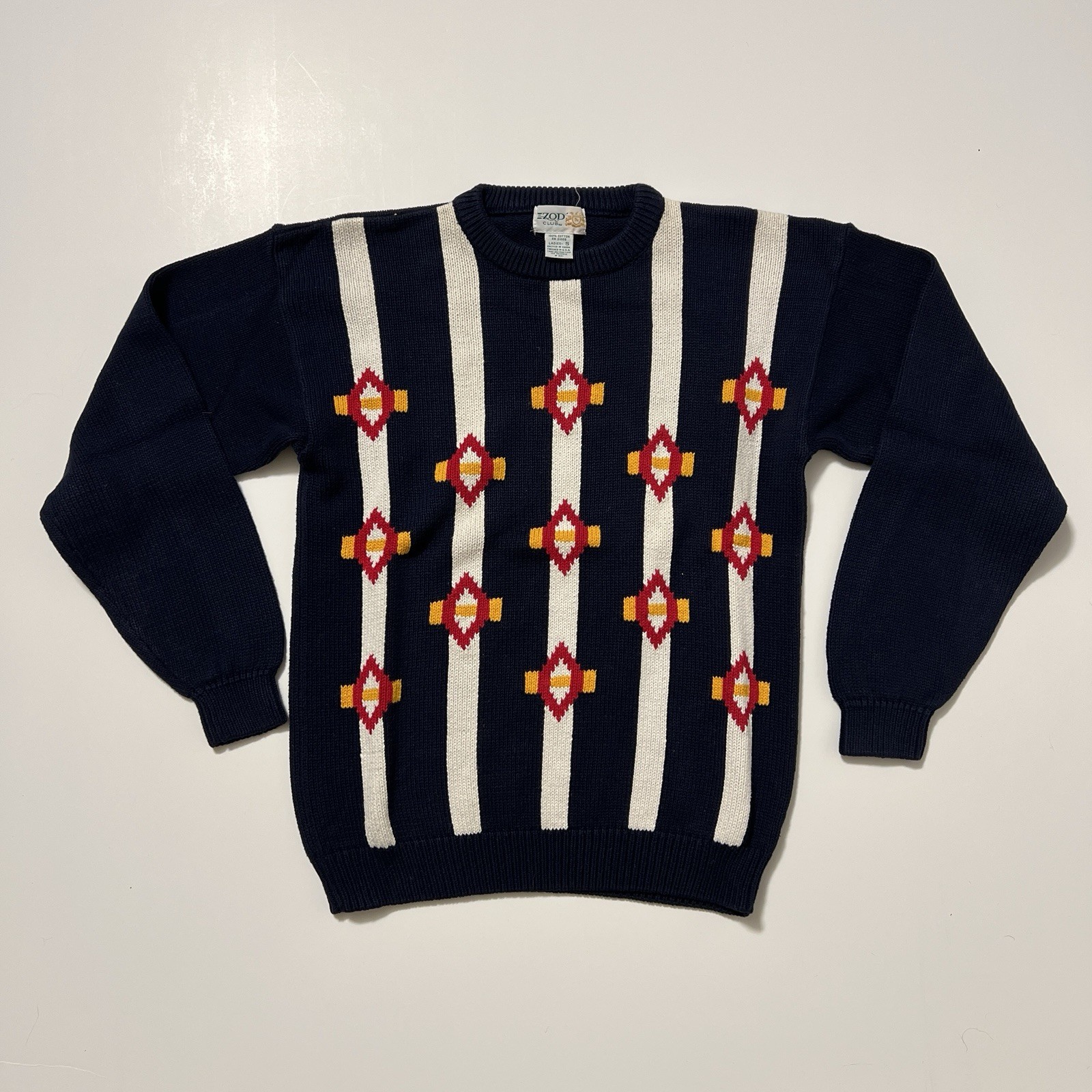 Vintage Izod Club Navy White Red Yellow Geometric Knit Sweater Women’s S Cotton