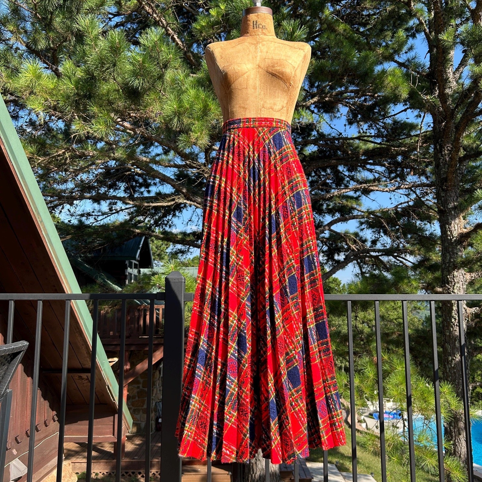 Vintage 60s Bold Tomato Red Plaid Accordion Fan Pleat High Waist Full Maxi Skirt