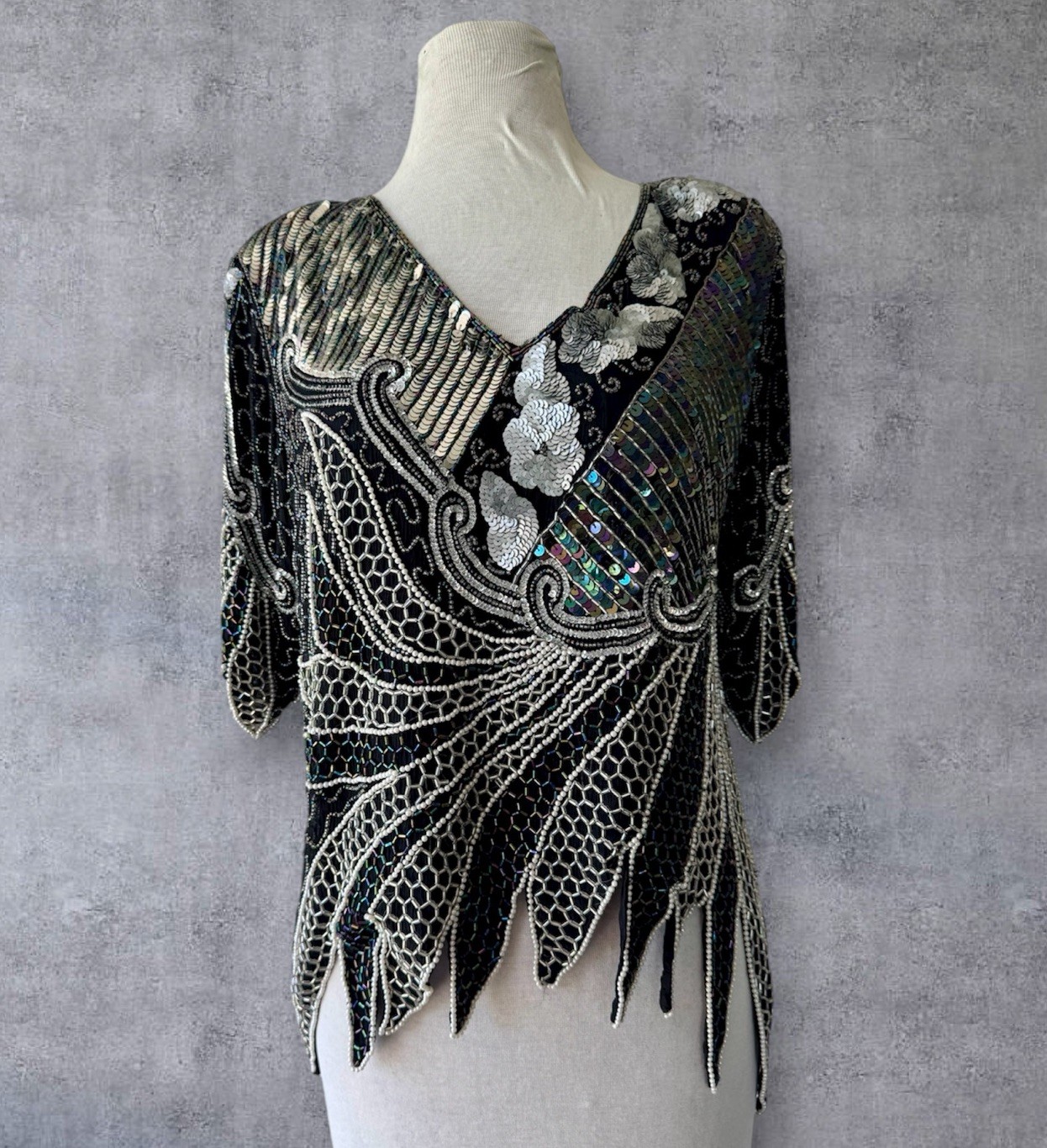 Vtg Maharaj Black Silver Silk Sequin Beaded Art Deco Top Sz L Boho Party Holiday