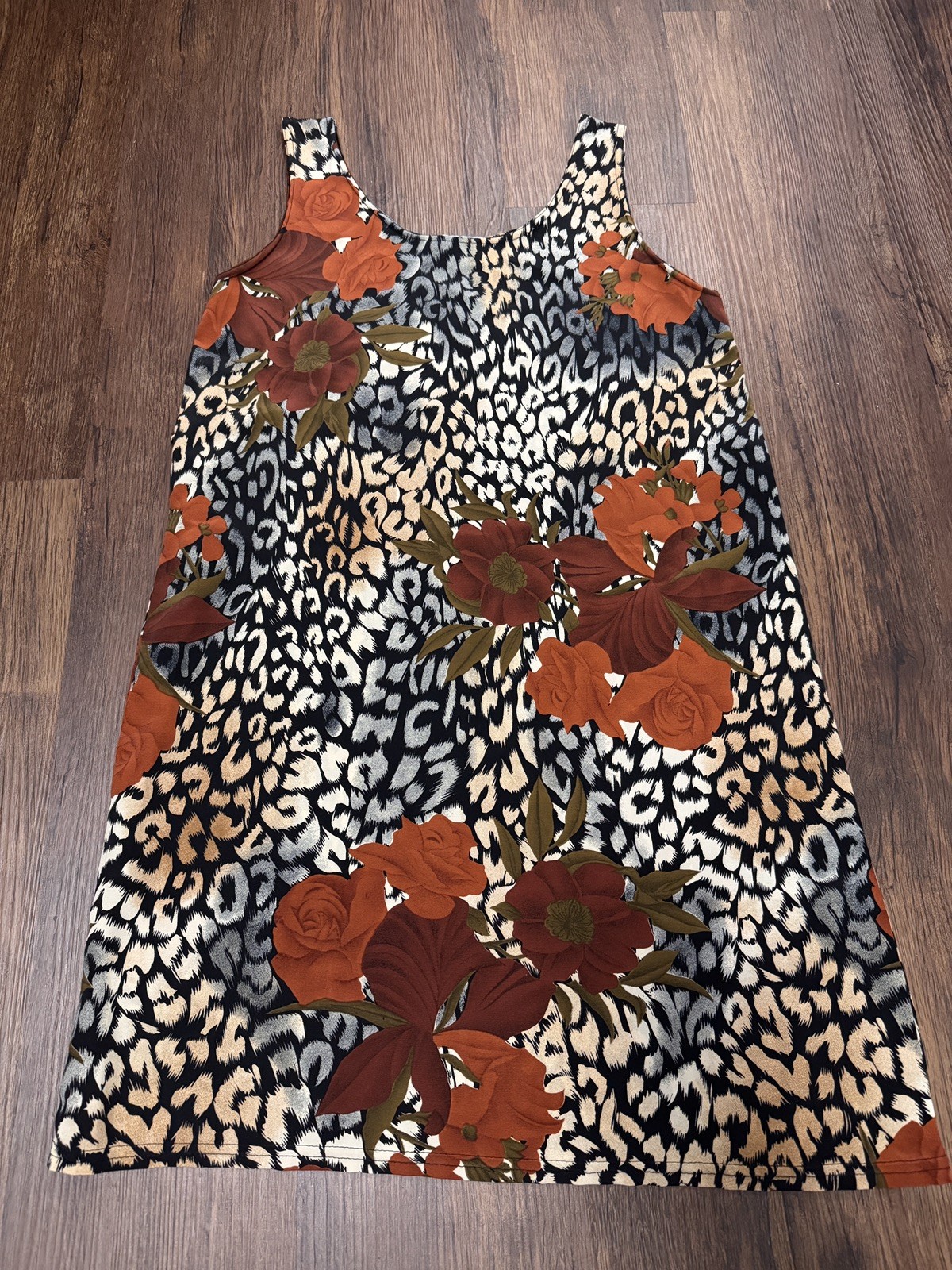 Vintage 90s Grunge Floral Leopard Print Sleeveless Dress Size Medium Made in USA