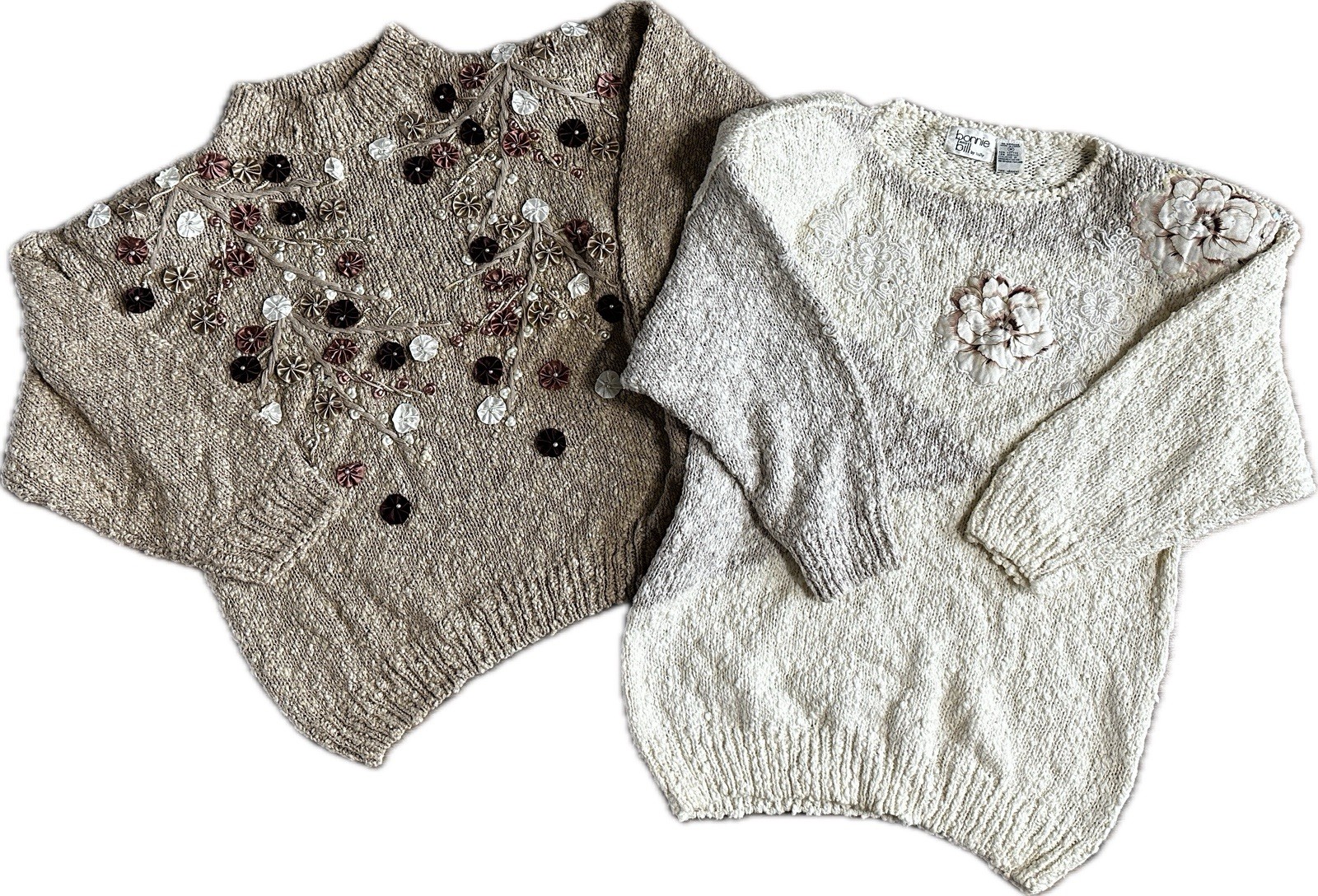 TWO Vintage 80s Bonnie & Bill Applique Sweaters M Chunky Knit Artsy Flower Boho