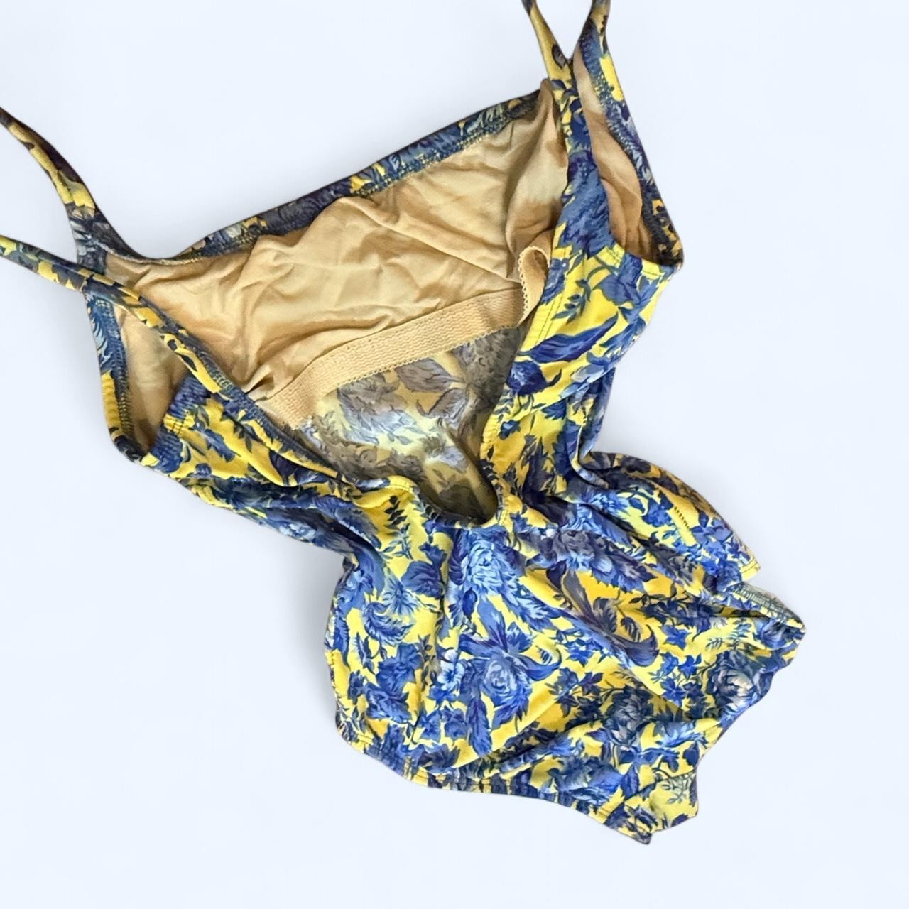 Sunrays vintage 80s/90s striking floral swimsuit in blue and yellow. S/XS