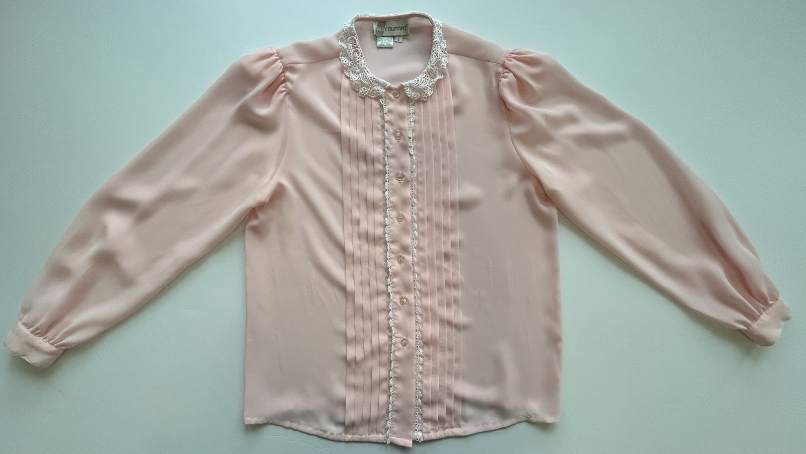 Vintage 80s AU COURANT Pink Semi Sheer Pleated Secretary Academia Blouse Sz 8