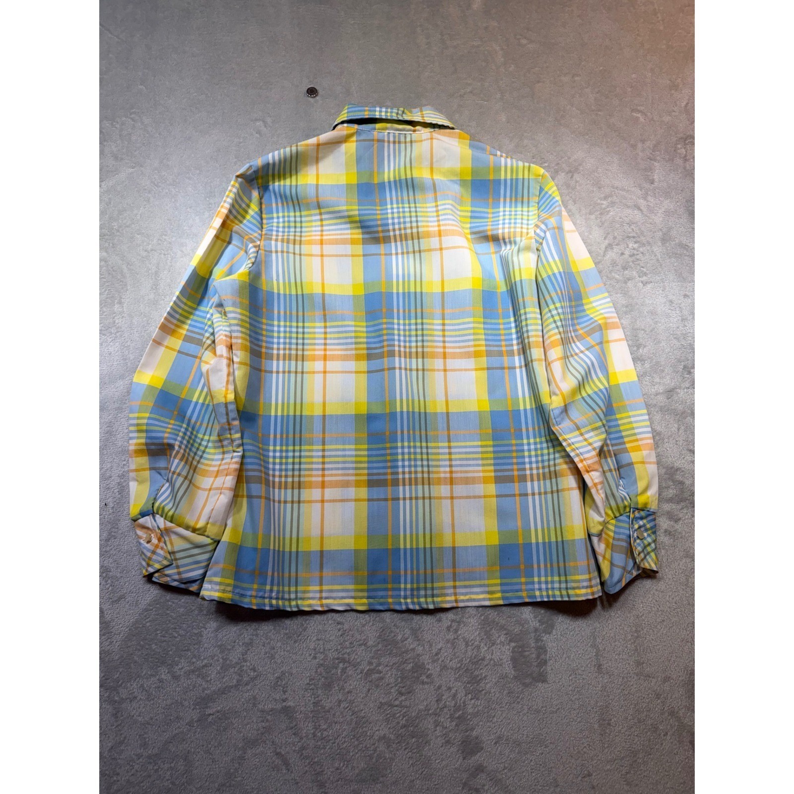 Vintage 70s Plaid Dagger Collar Button Down Blouse Blue Yellow Orange Size 14