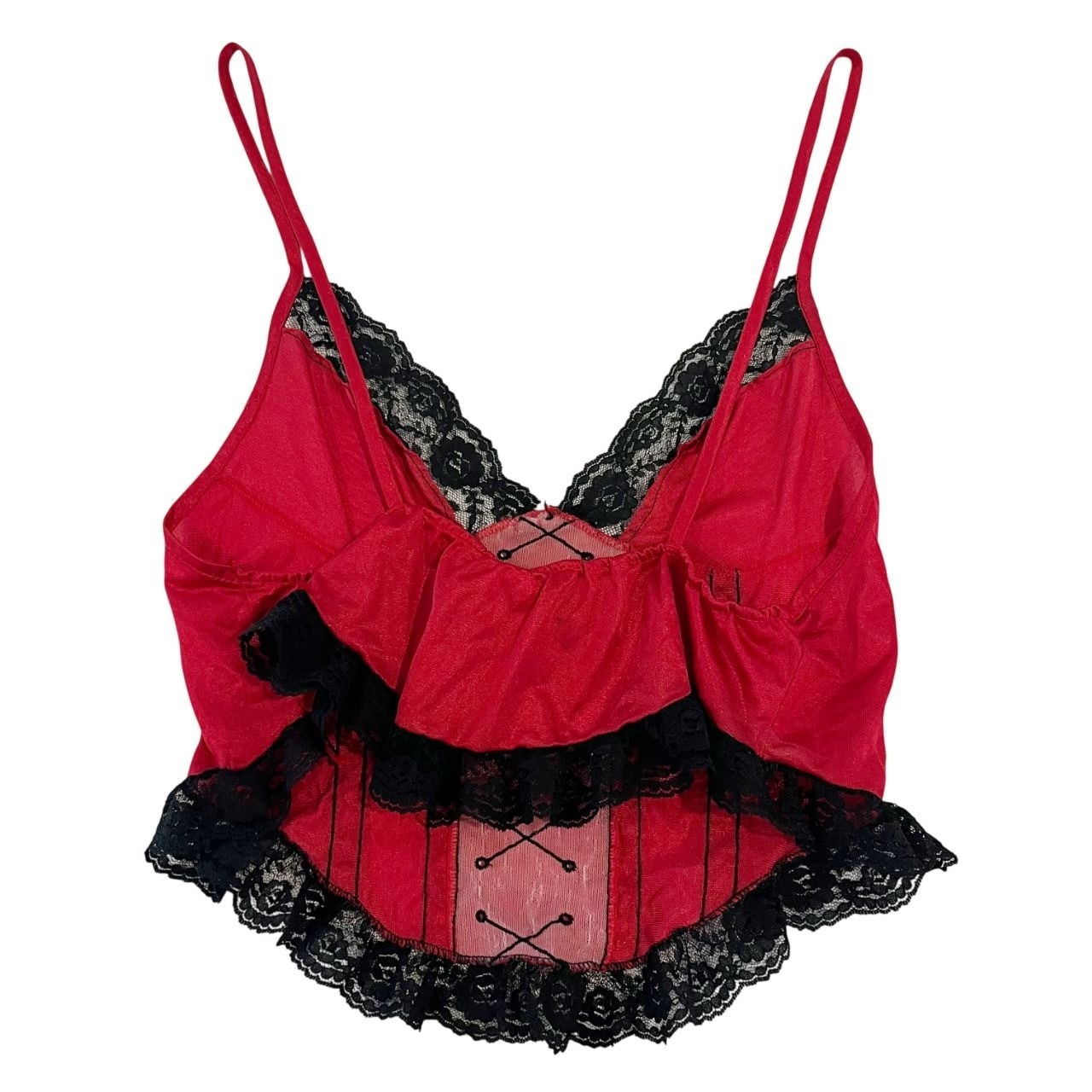 Vintage Faux Corset Lace Trim Camisole Tank Top Lingerie Y2K 90s Red USA MEDIUM