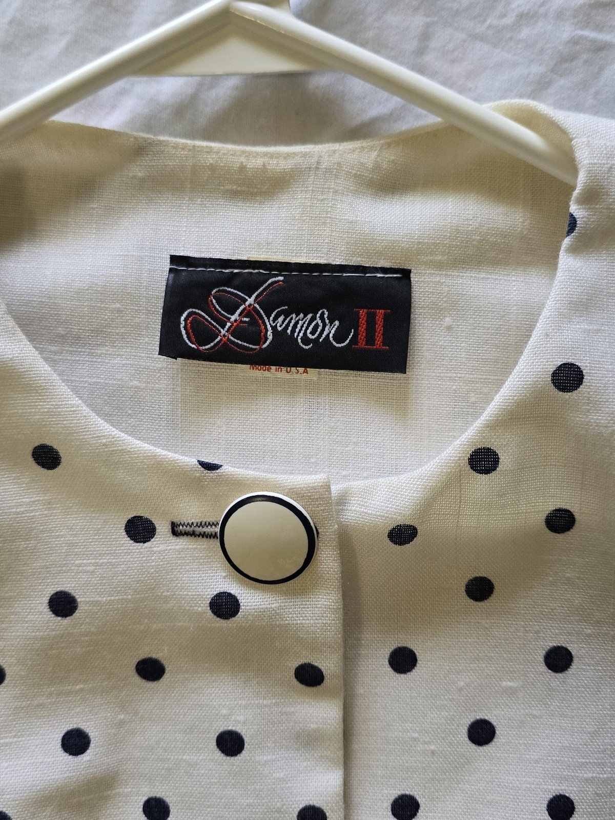 Vintage 80s Damon II Dress Navy White Polka Dot USA ILGWU Button Front Midi