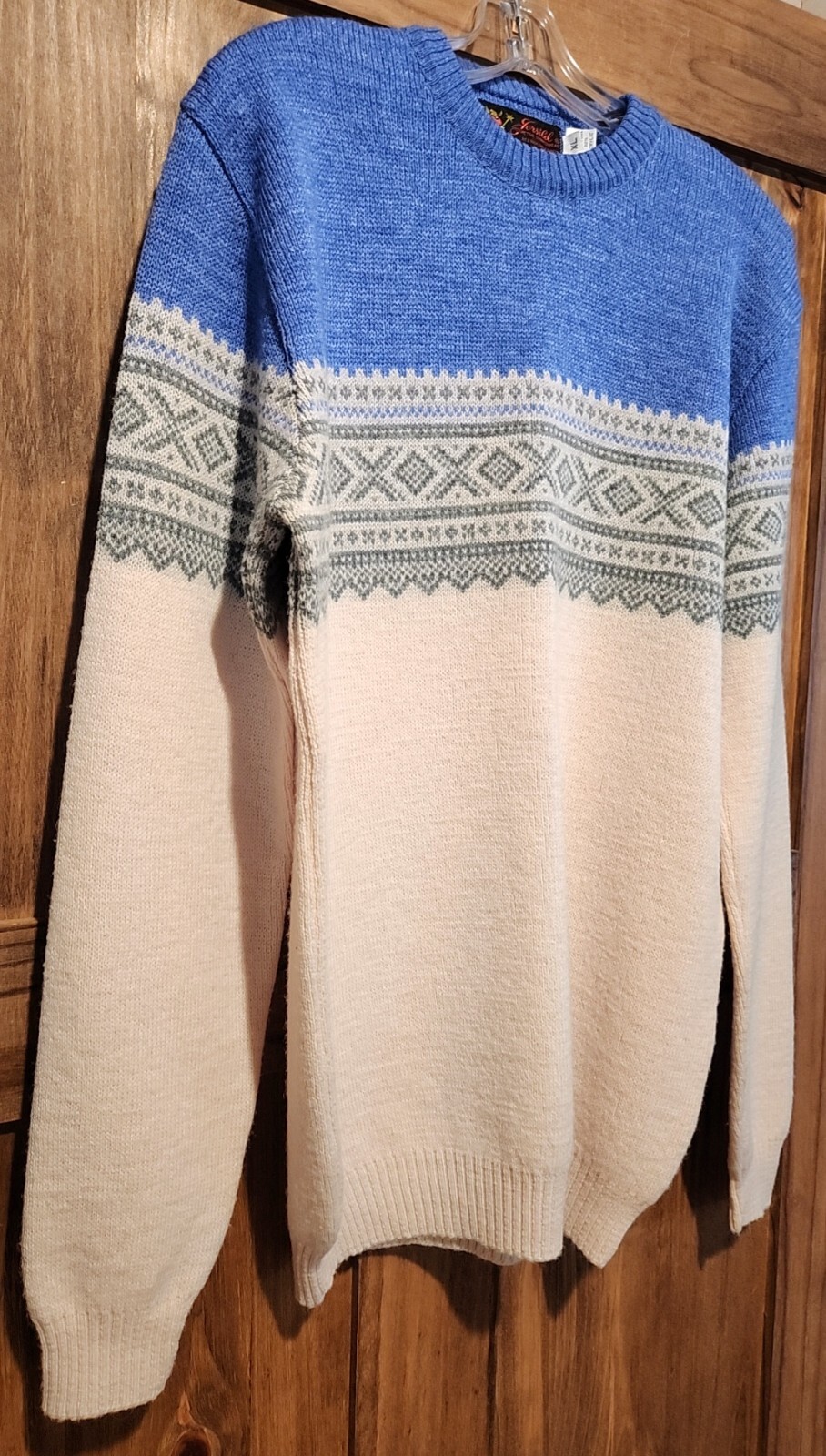 Vintage Jersild 60s Nordic Blue Fair Isle Sweater Womens XL Wool Blend Knit Ski