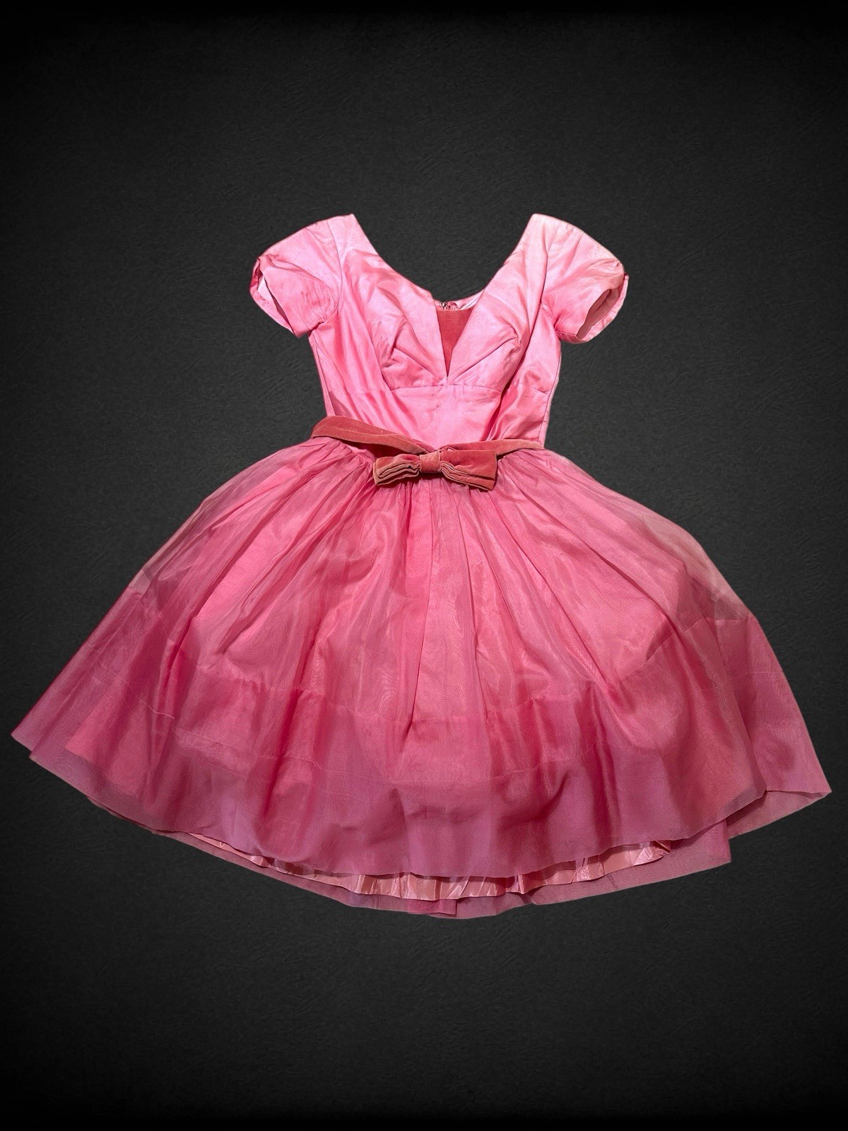 Vintage 1950’s Pink Satin Tulle Velvet Formal Prom Dress With Veil Belt XS