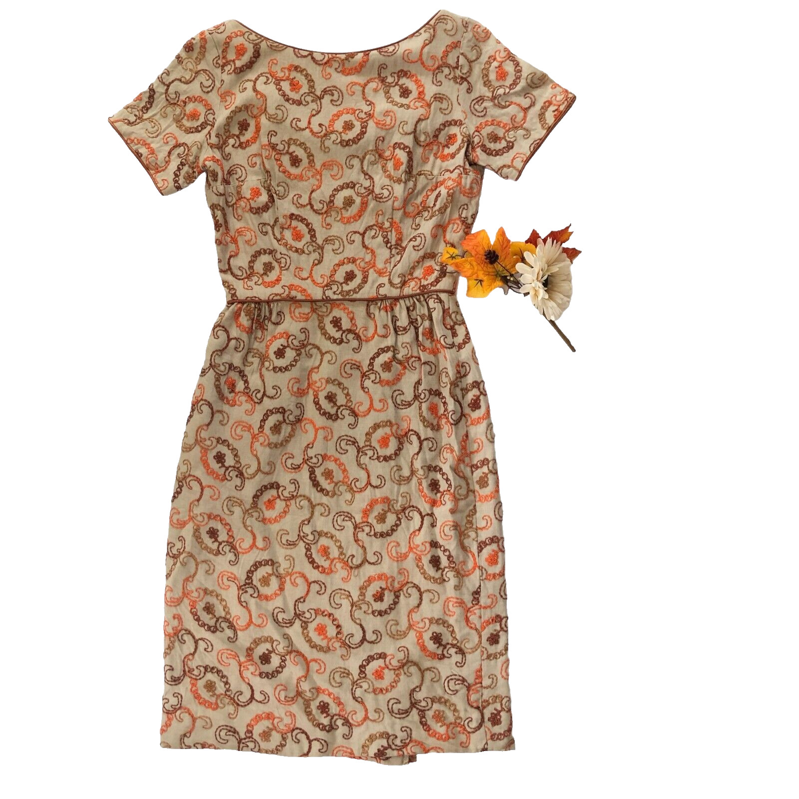 Vtg 60s Handmade Sheath Dress Medium Embroidered Beige Multicolor Mad Men Fall