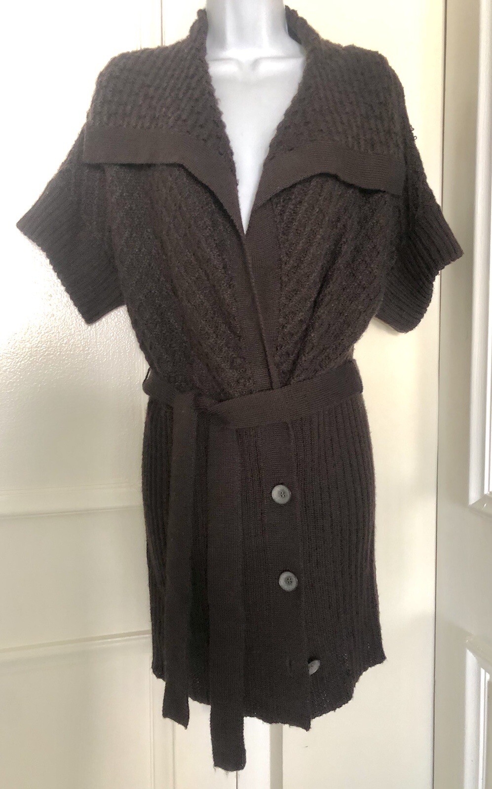 VINTAGE 90s DKNY COLLARED FRONT BUTTON KNITTED BROWN COAT S/M