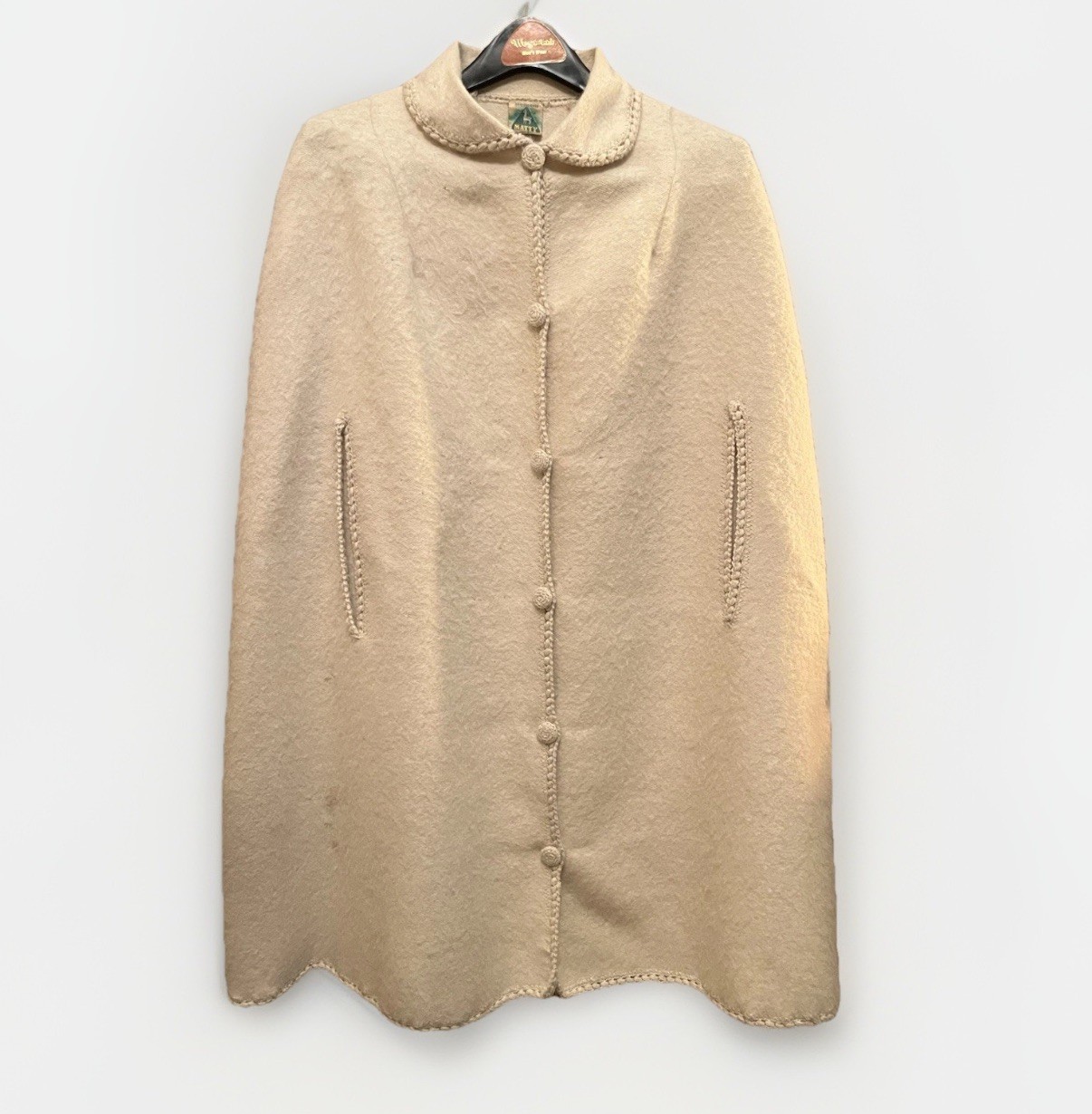 Vintage MATTY Peru 100% Alpaca Wool Cape | Cream Ivory | Hand Braided Trim | 38″