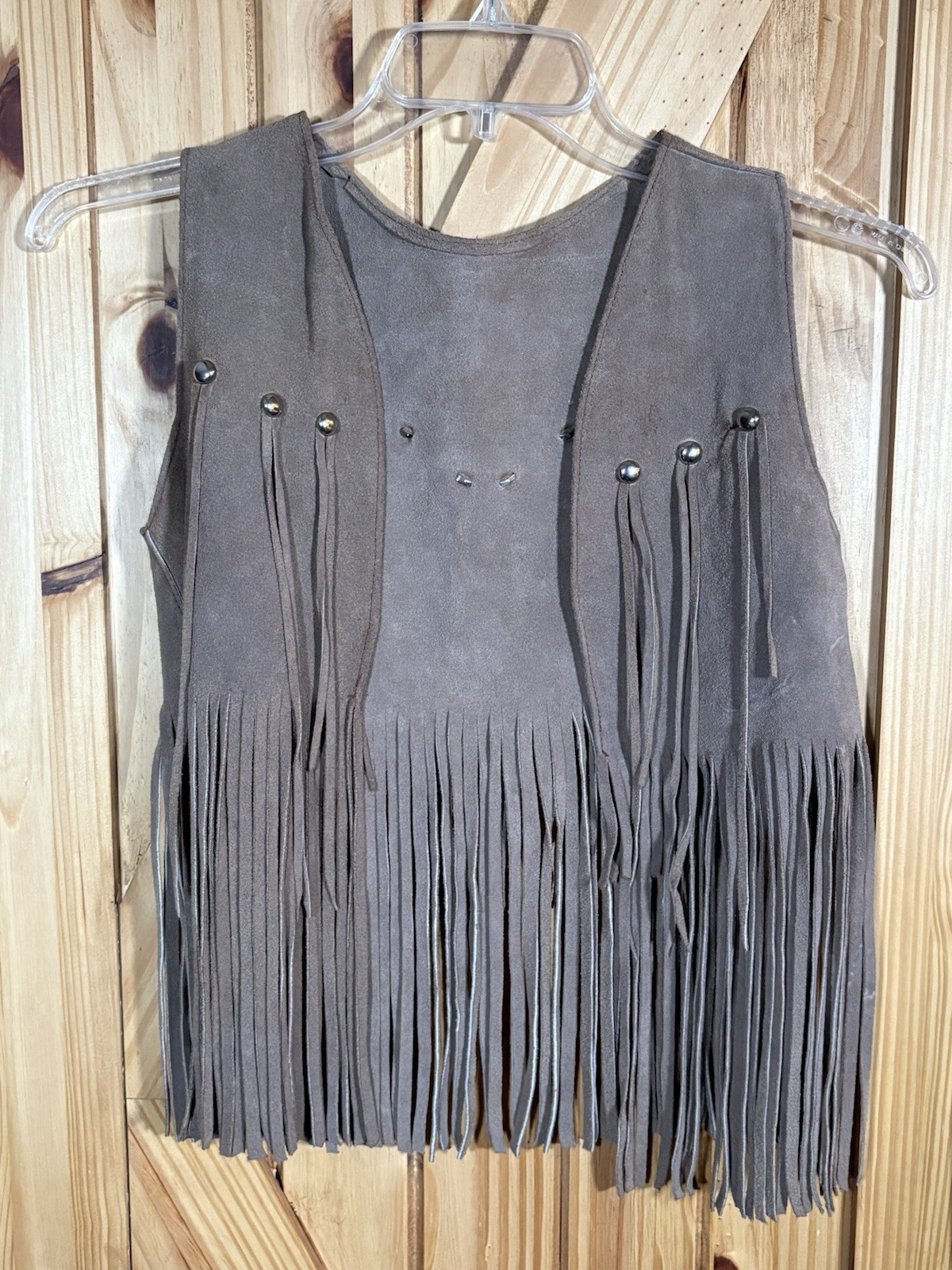 Vintage Brown Suede Leather Fringe Vest Western Festival Boho Hippie 16.5″ PTP