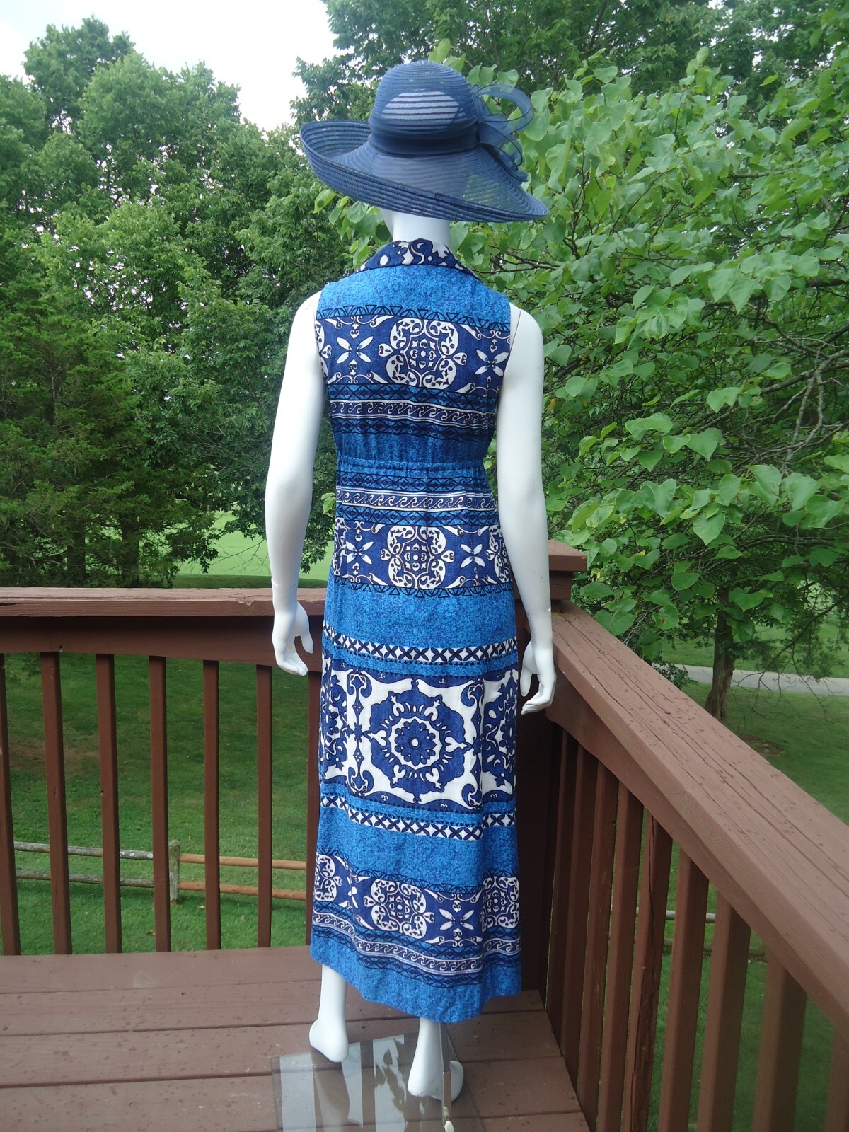 Penneys Hawaii VTG Small Barkcloth Maxi Dress Blue Tropical Sleeveless Collared