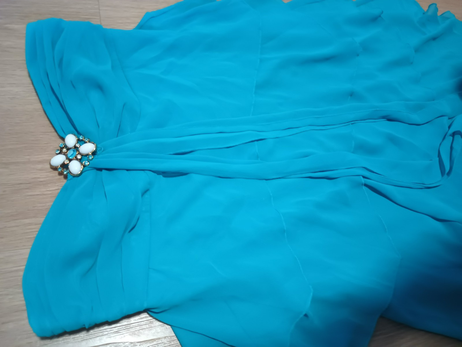 Vtg 90s ABS ALLEN SCHWARTZ Teal Sheer Tiered Layered Empire Evening Prom Dress 4