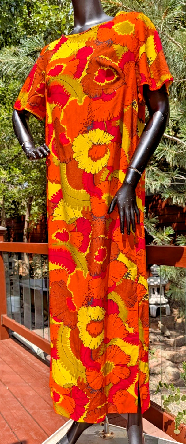Vintage 60’s Waikiki Holiday Hawaiian Day Glo Poppy Flower Maxi Dress cotton