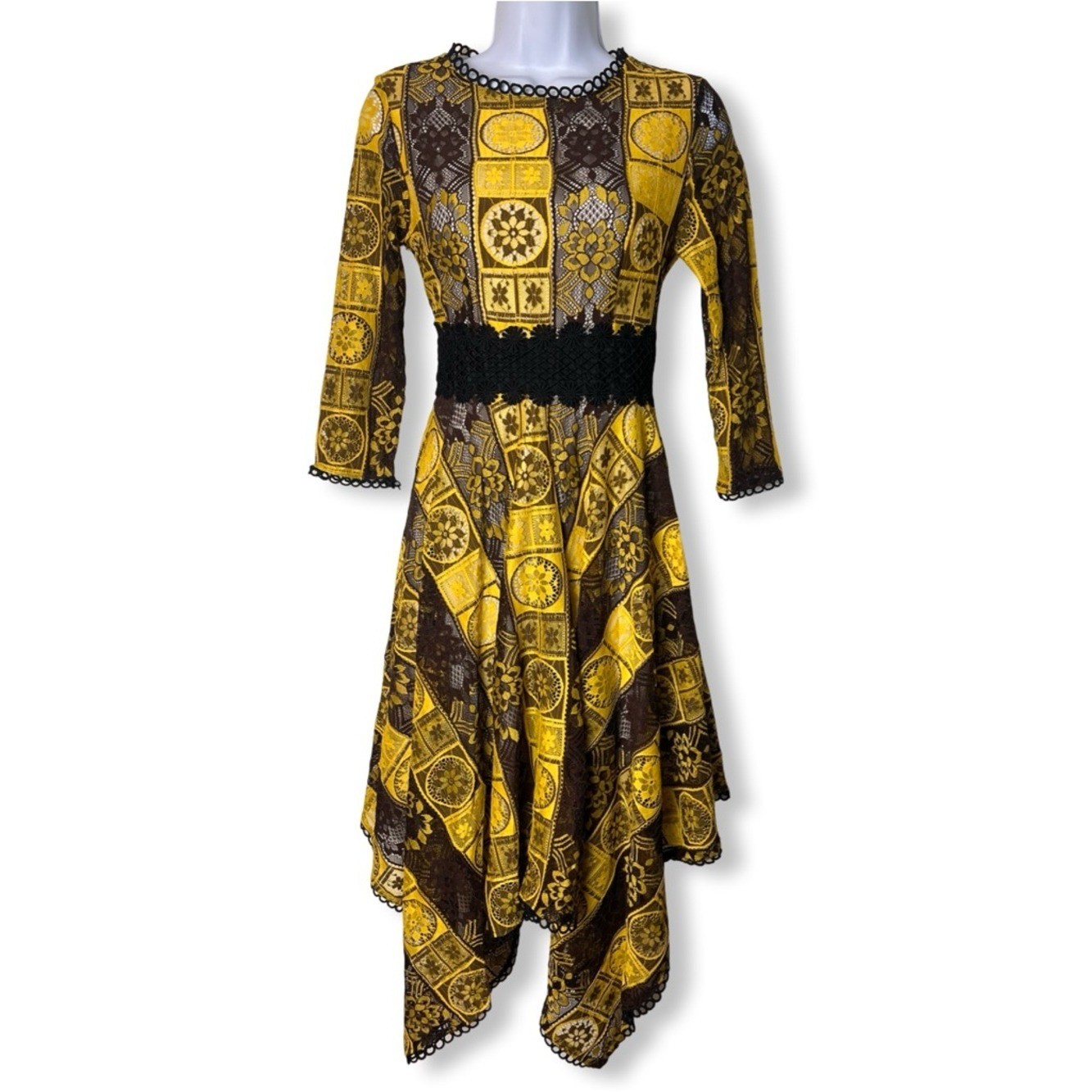 VTG 60s 70s Yellow Brown Lace Overlay Handkerchief Hem Midi Dress Sz S/M