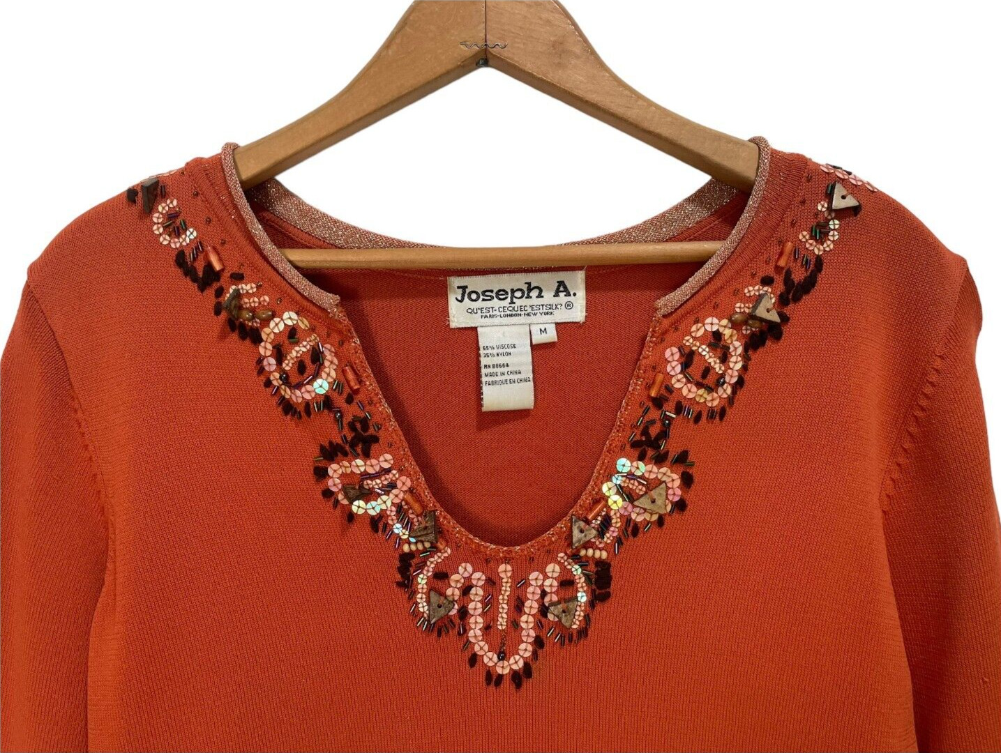 Joseph A. Vintage 80s Orange Beaded V-Neck Viscose Pullover Sweater Size M