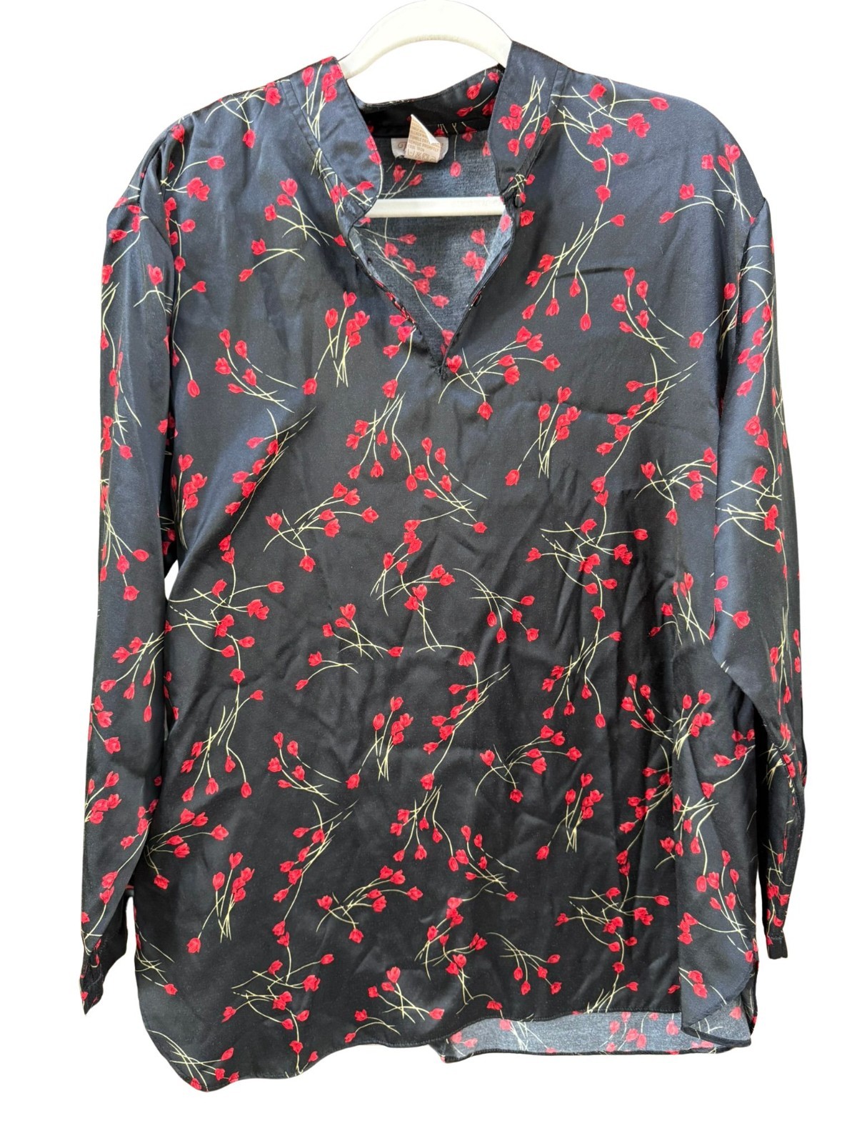 VTG Barbizon Black Satin Floral Blouse Red Bud Print Mandarin Collar Hong Kong